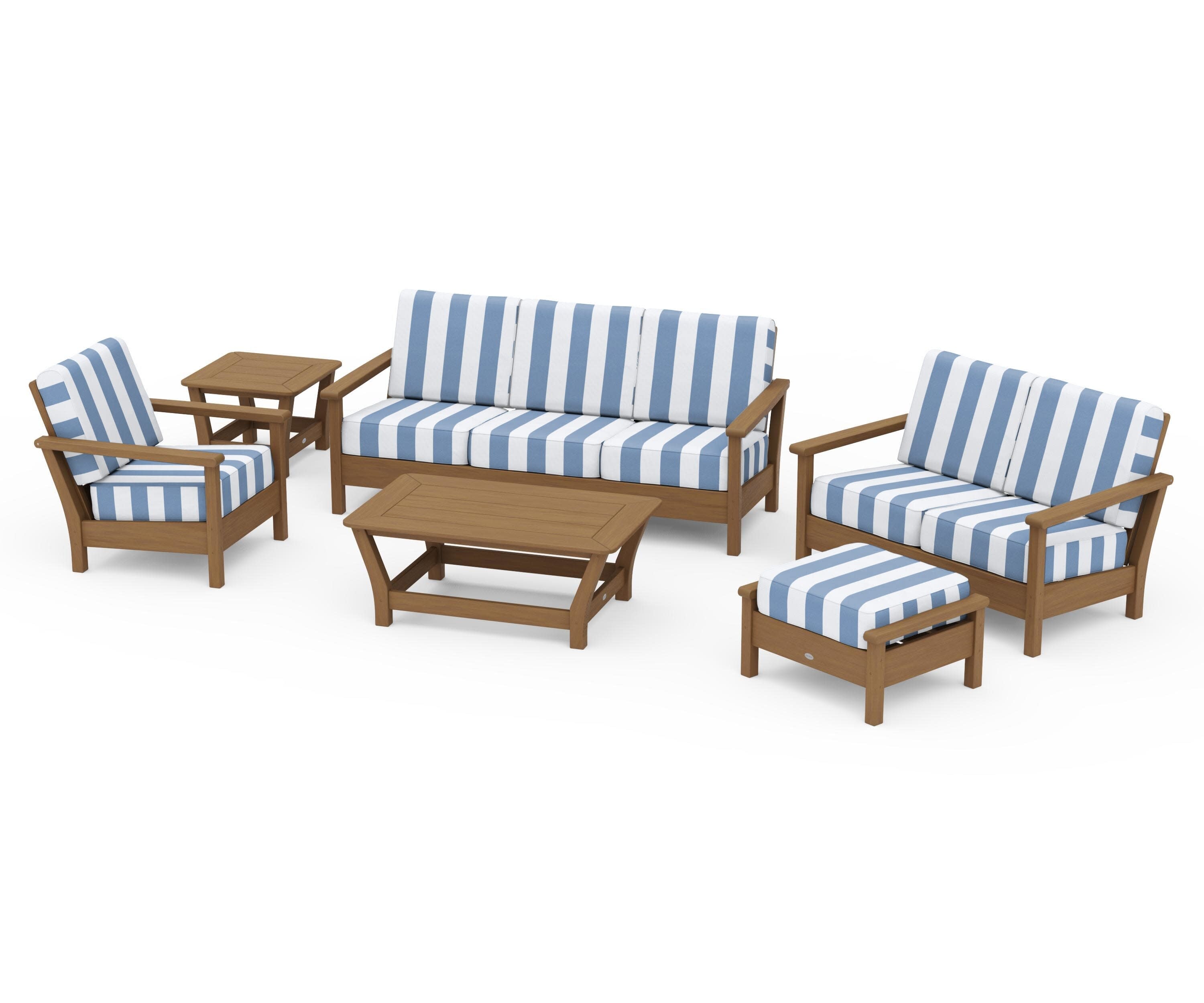 Harbour 6-Piece Outdoor Living Set in Natural / Cabana Stripe Sky Blue
