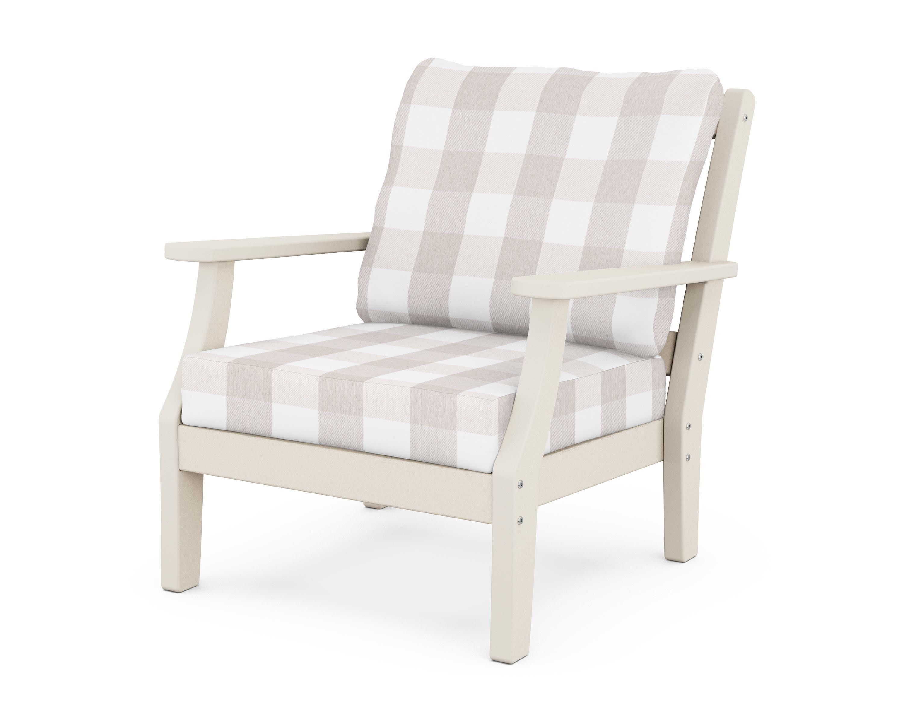 Chinoiserie Deep Seating Chair in Sand / Buffalo Plaid Dune Burlap