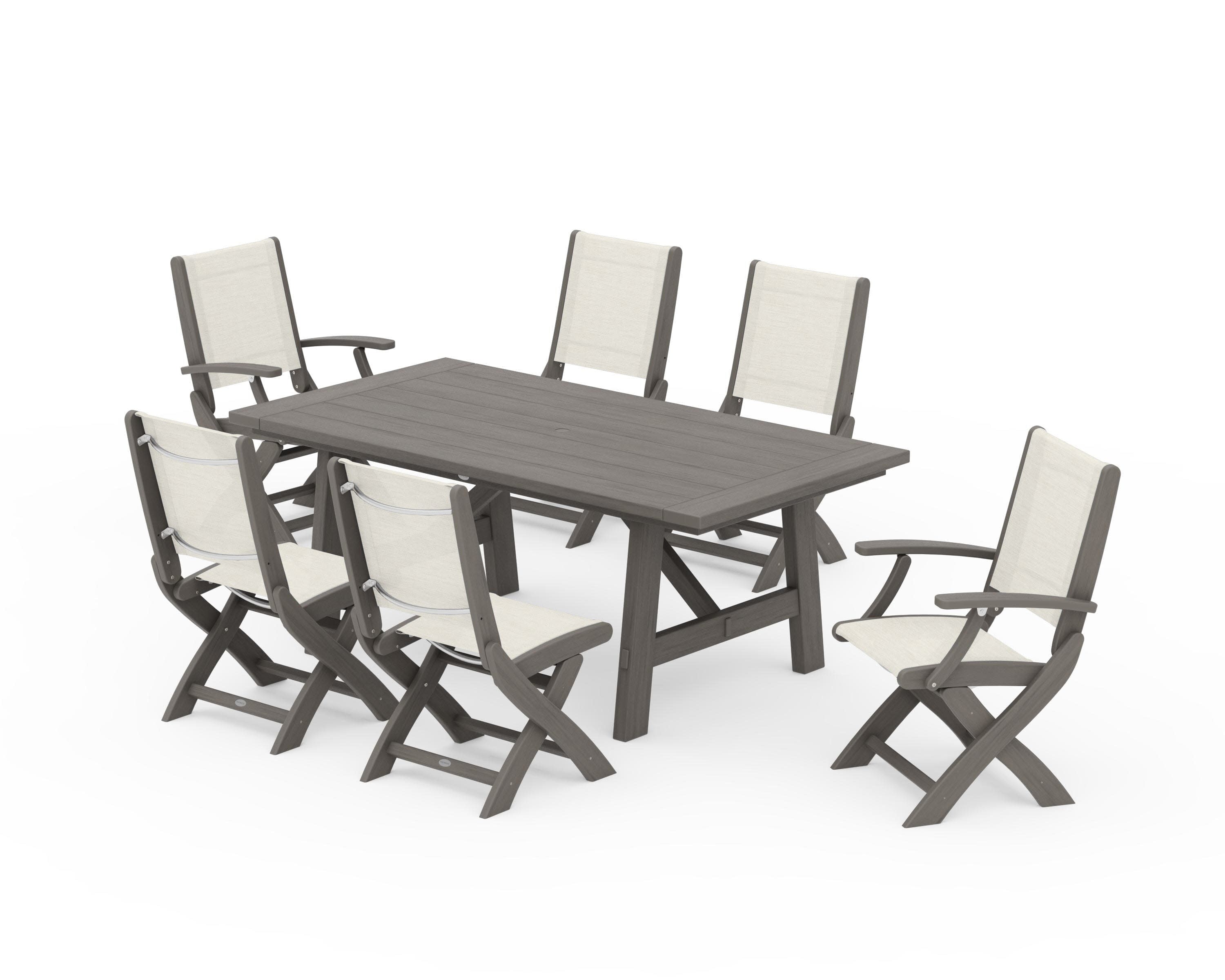 Coastal Folding Chair 7-Piece Rustic Farmhouse Dining Set in Driftwood / Parchment Sling