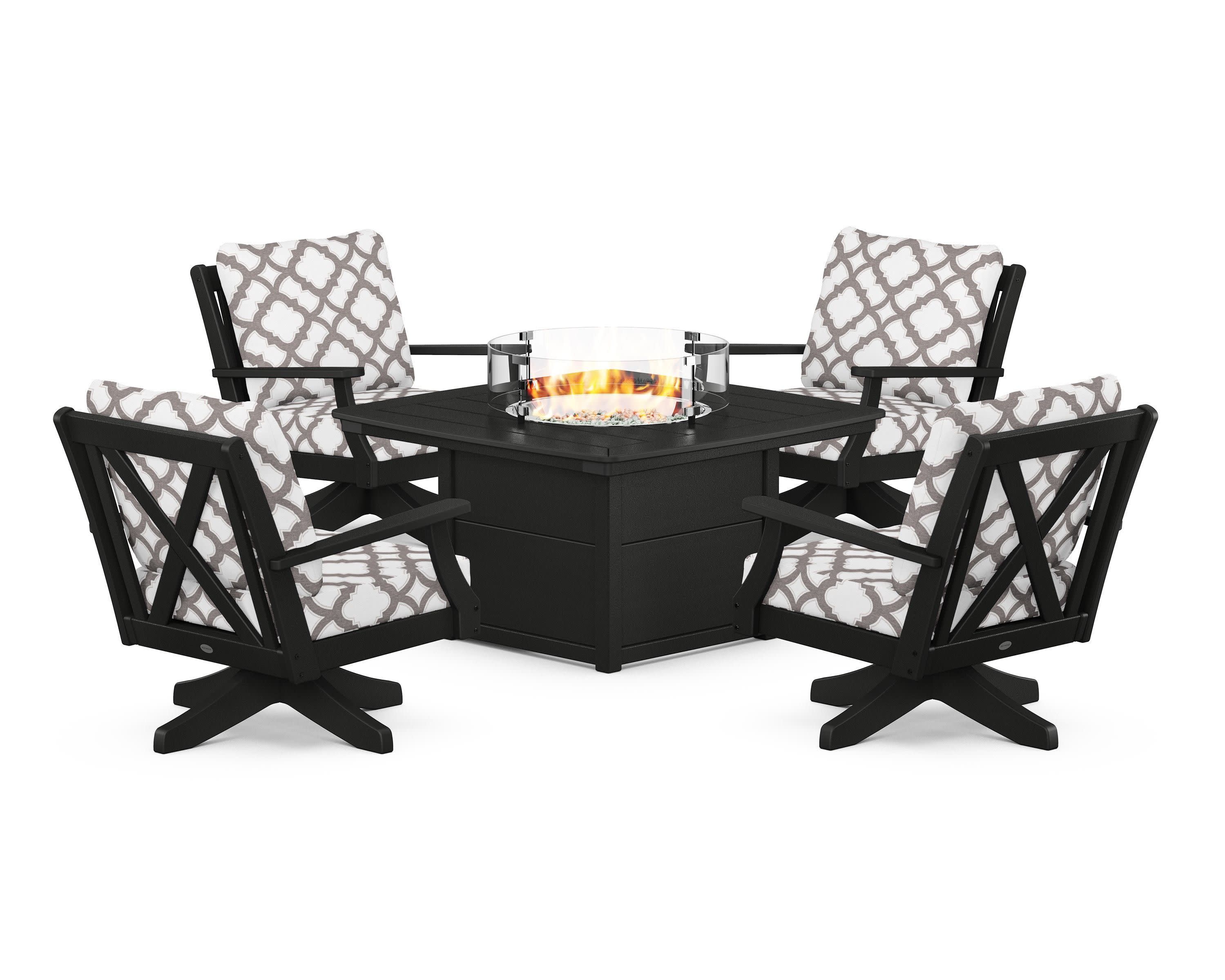 Braxton 5-Piece Deep Seating Swivel Conversation Set with Fire Pit Table in Black / Trellis Grey Mist
