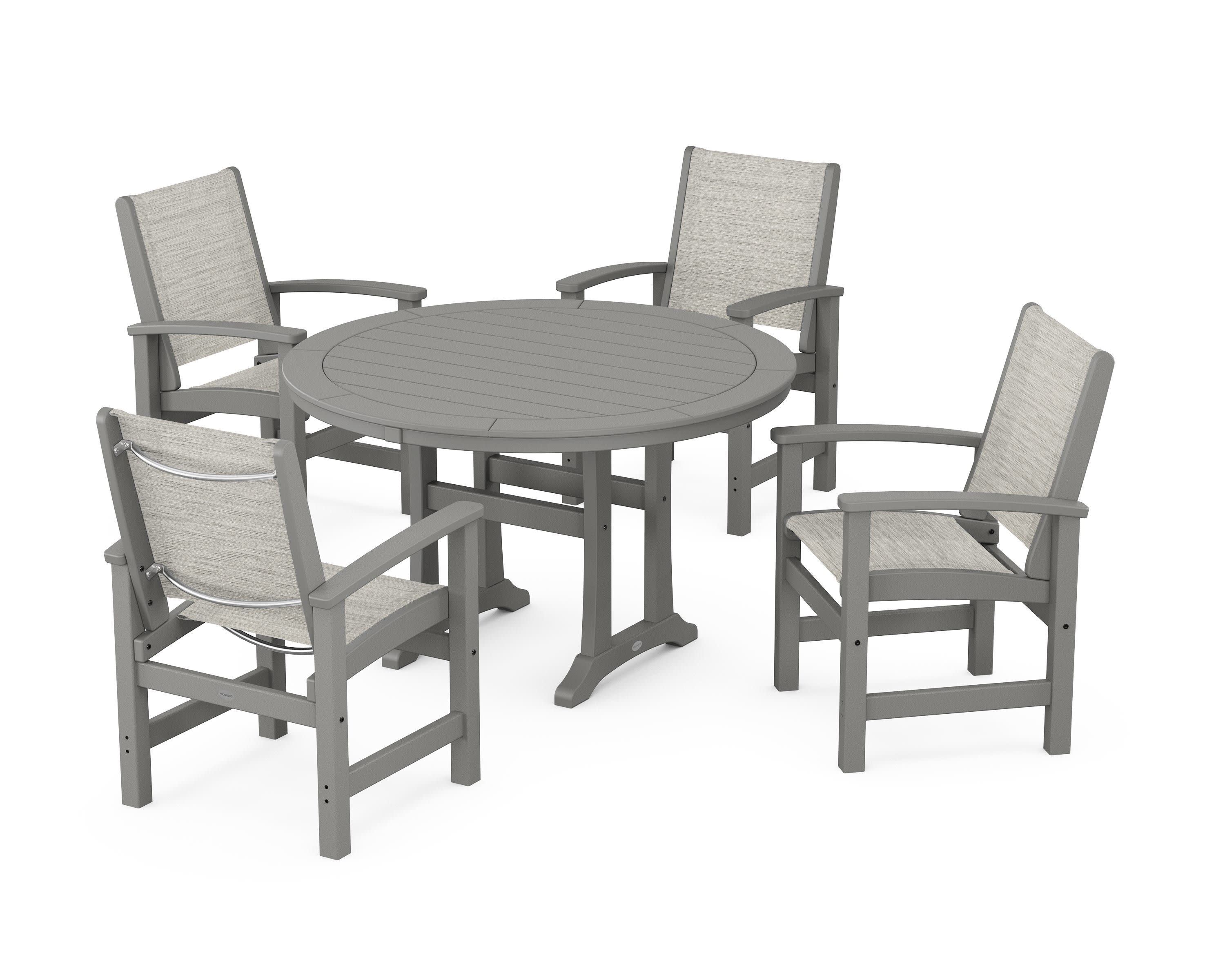 Coastal 5-Piece Round Dining Set with Trestle Legs in Slate Grey / Birch Sling