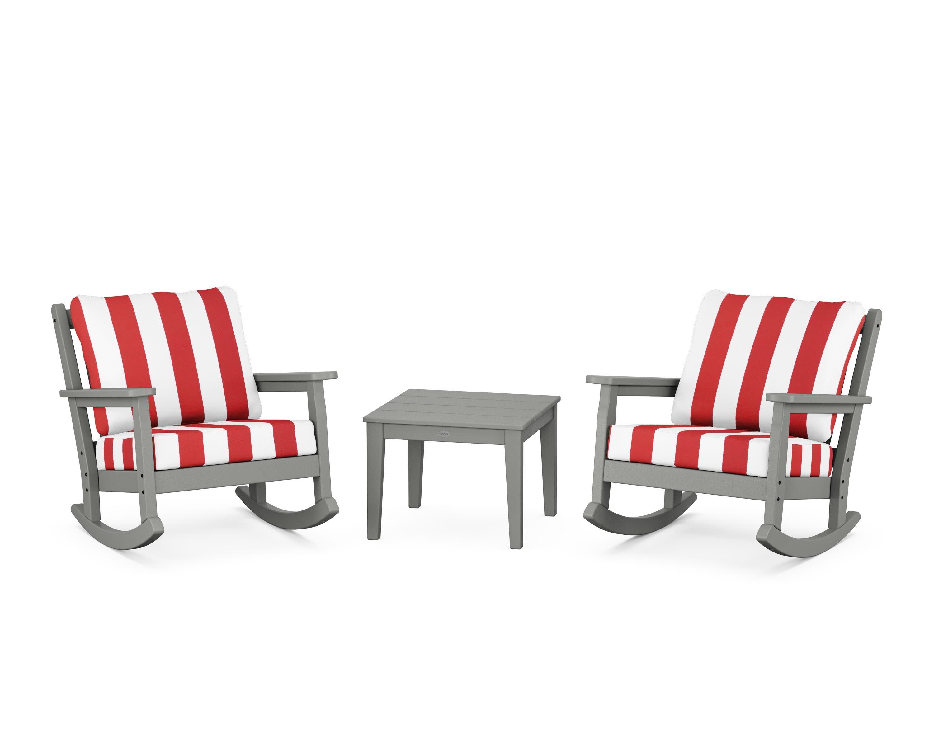 Chippendale 3-Piece Deep Seating Rocker Set in Slate Grey / Cabana Stripe Crimson