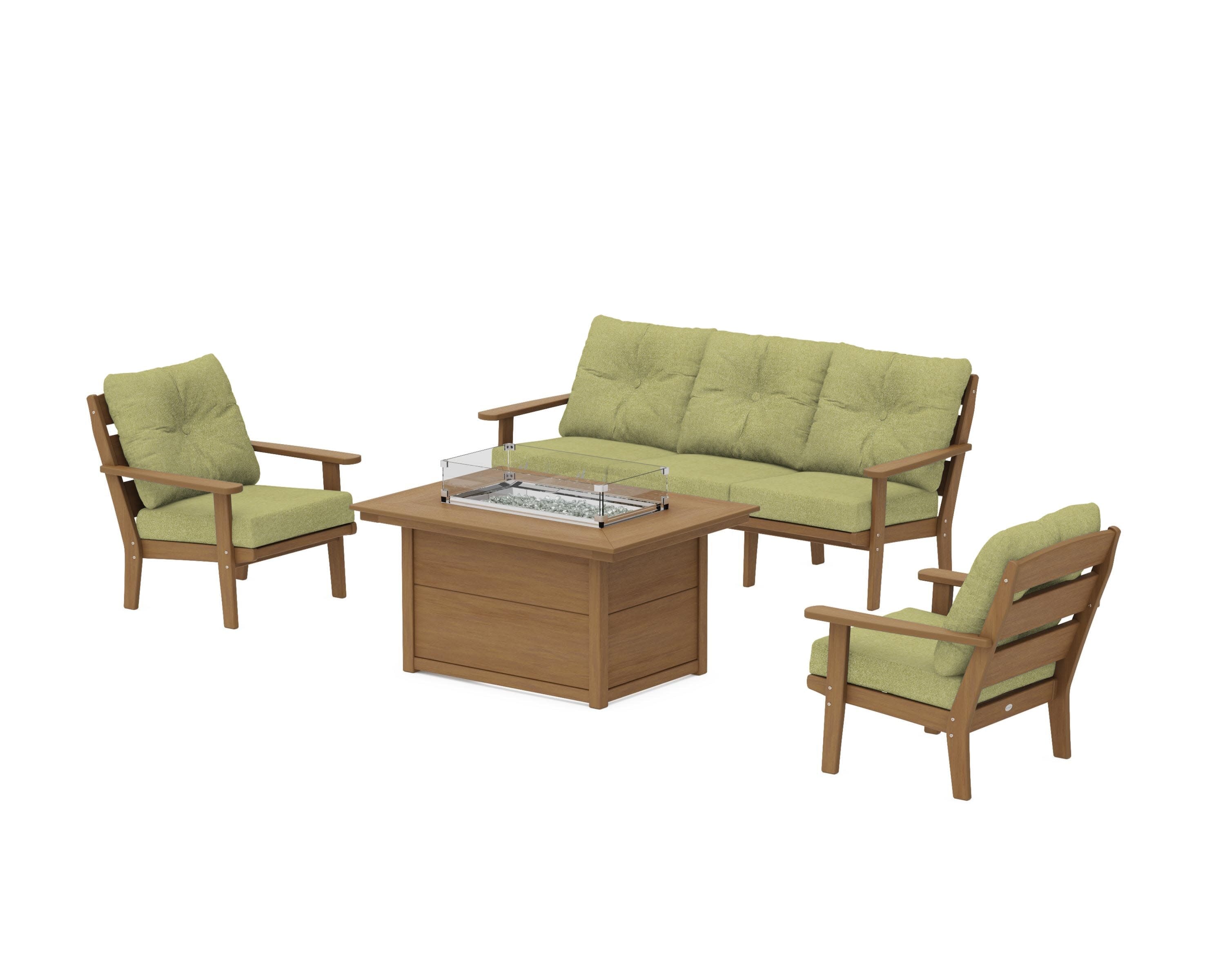 Lakeside Deep Seating Fire Pit Table Set in Natural / Chartreuse Boucle