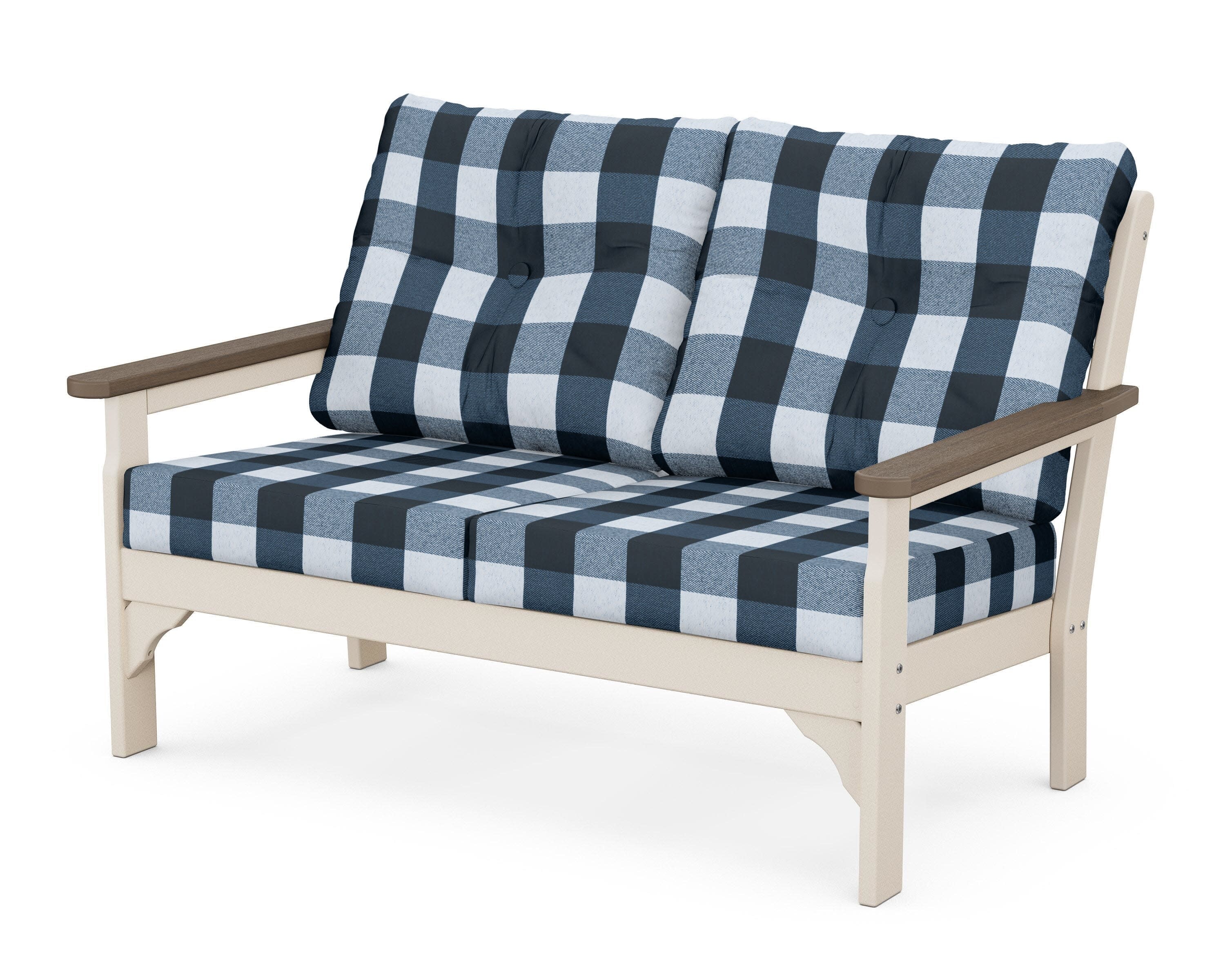 Vineyard Deep Seating Loveseat in Sand / Kona / Buffalo Plaid Marine Indigo