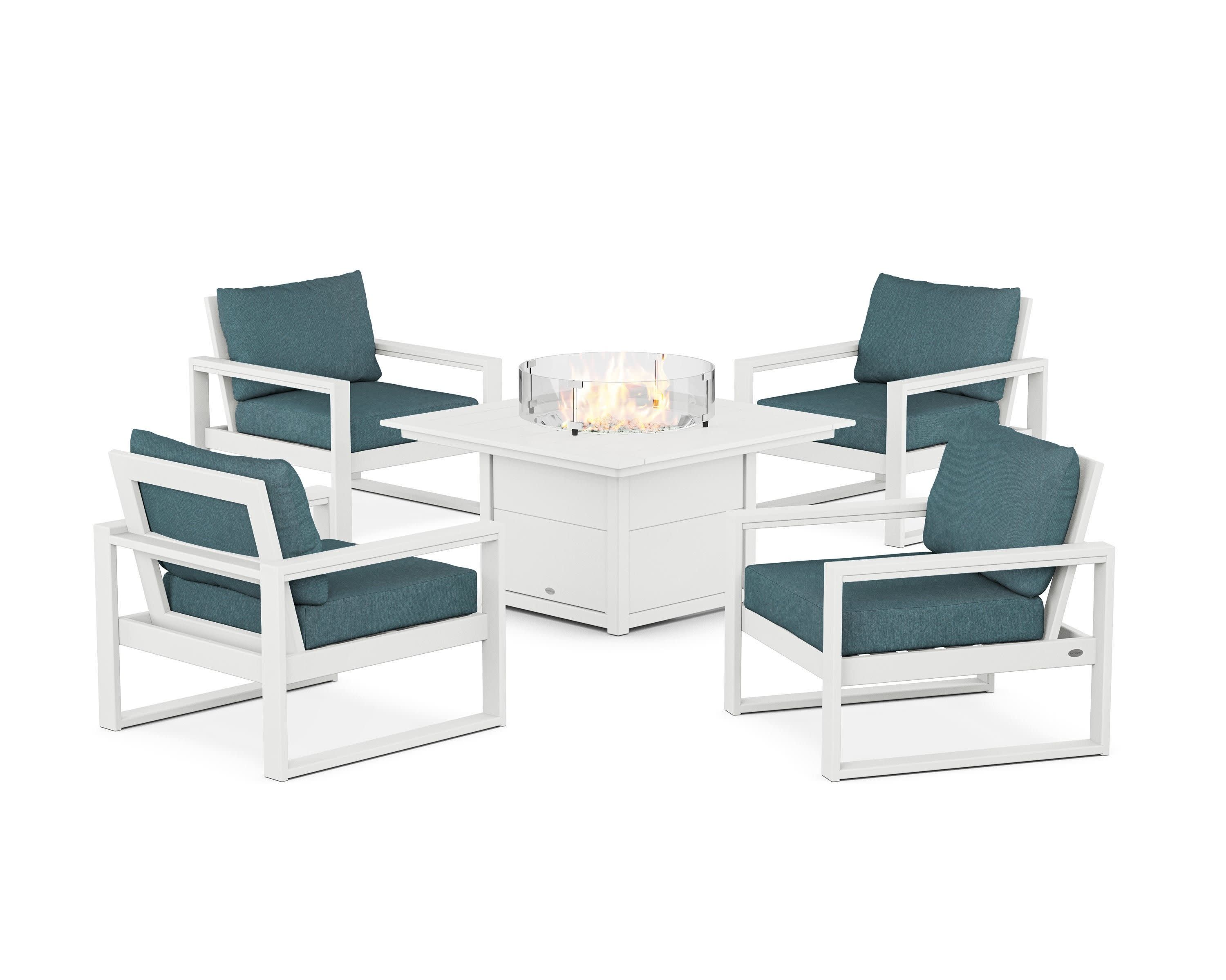EDGE Sectional 5-Piece Deep Seating Set with Fire Pit Table in White / Ocean Teal