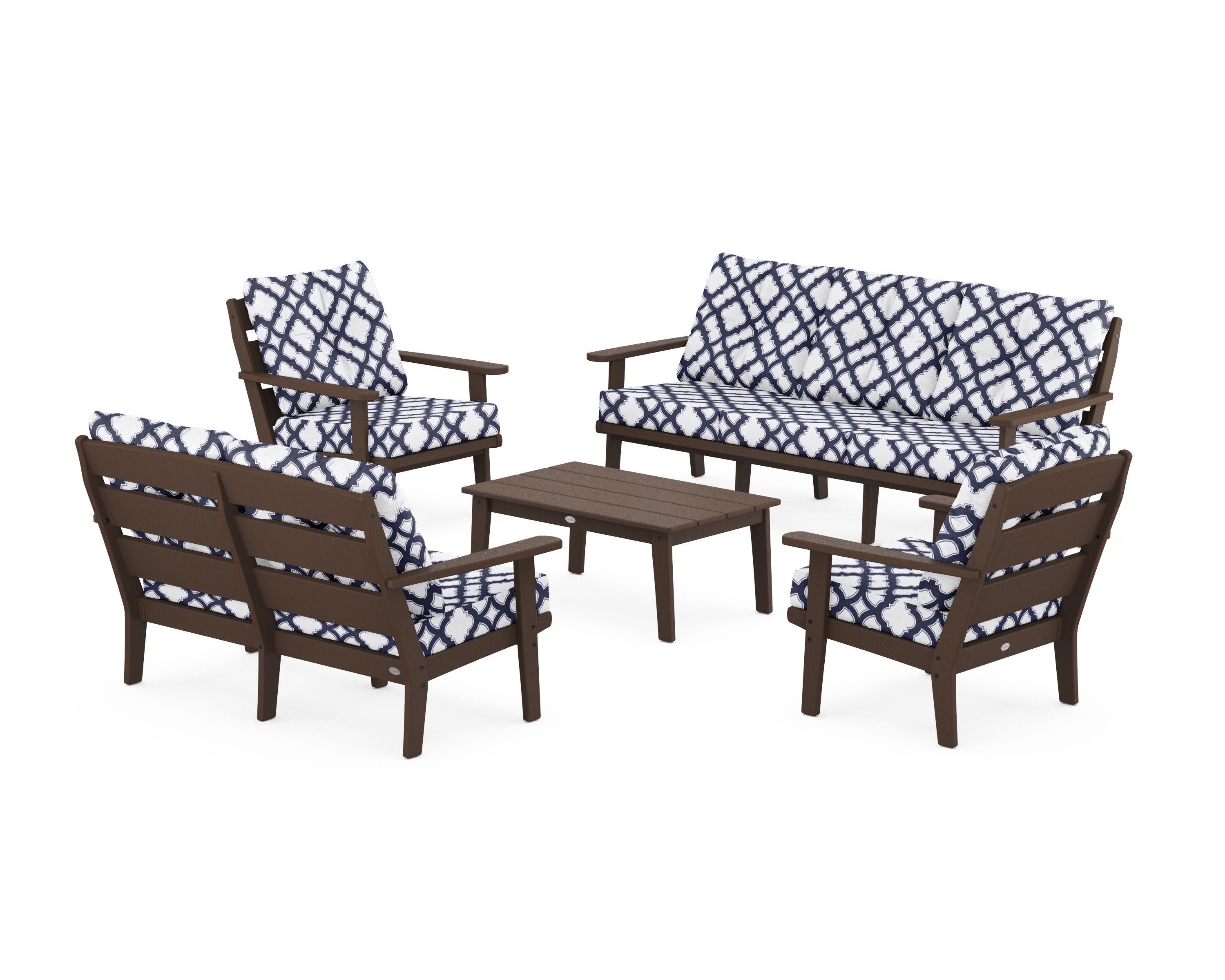 Lakeside 5-Piece Lounge Sofa Set in Mahogany / Trellis Navy