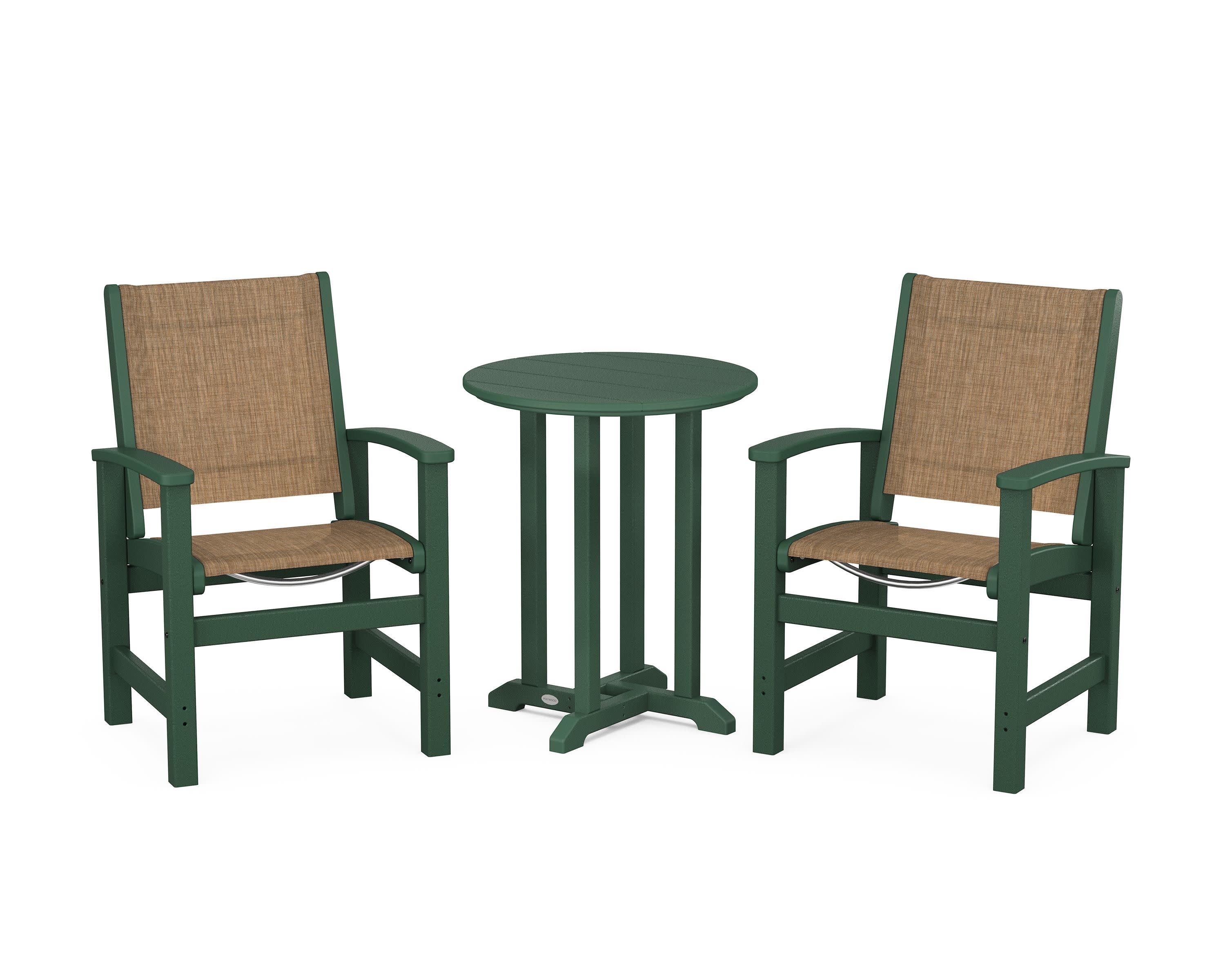 Coastal 3-Piece Round Bistro Dining Set in Green / Burlap Sling