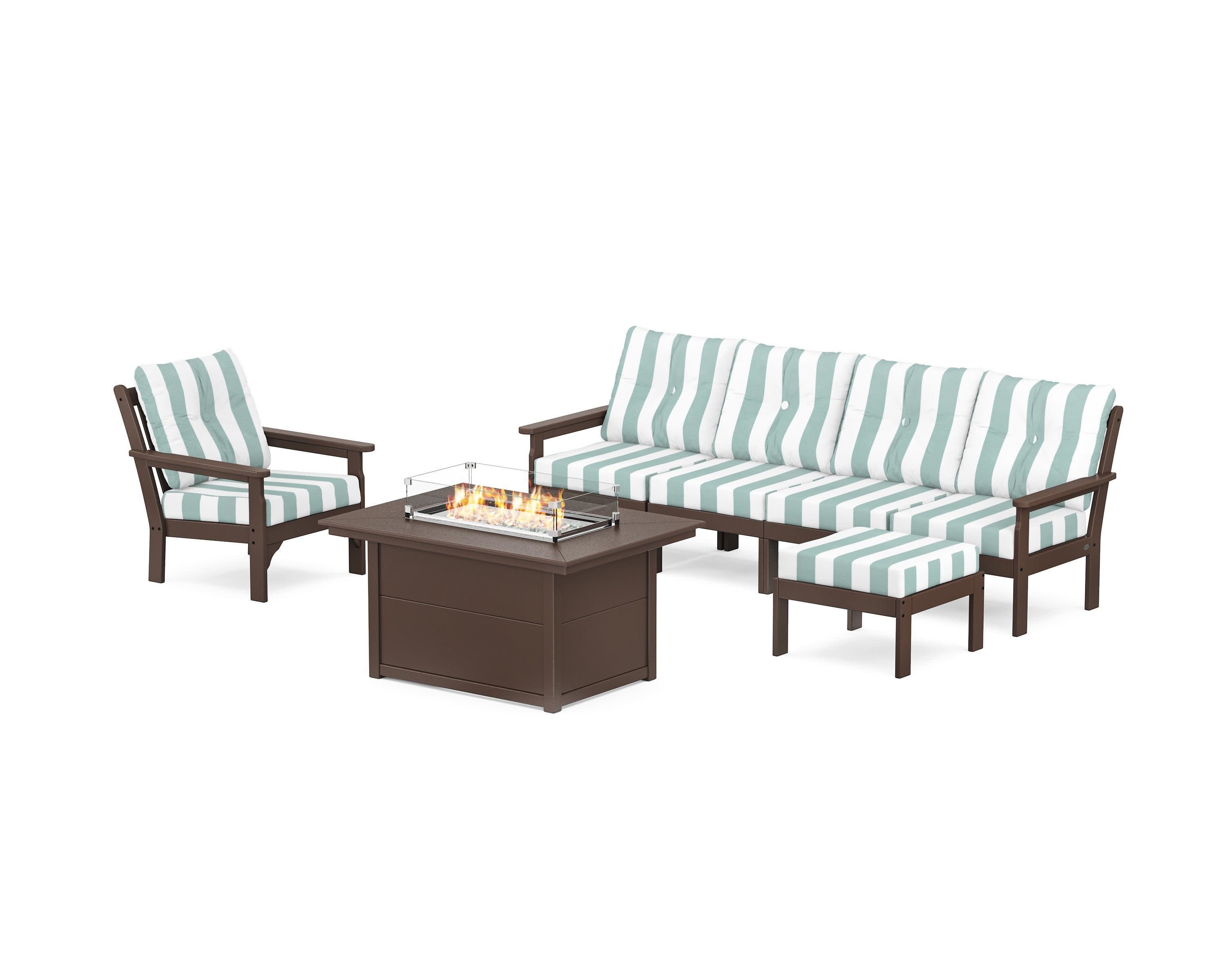 Vineyard Sectional Lounge and Fire Pit Set in Mahogany / Cabana Stripe Glacier Spa