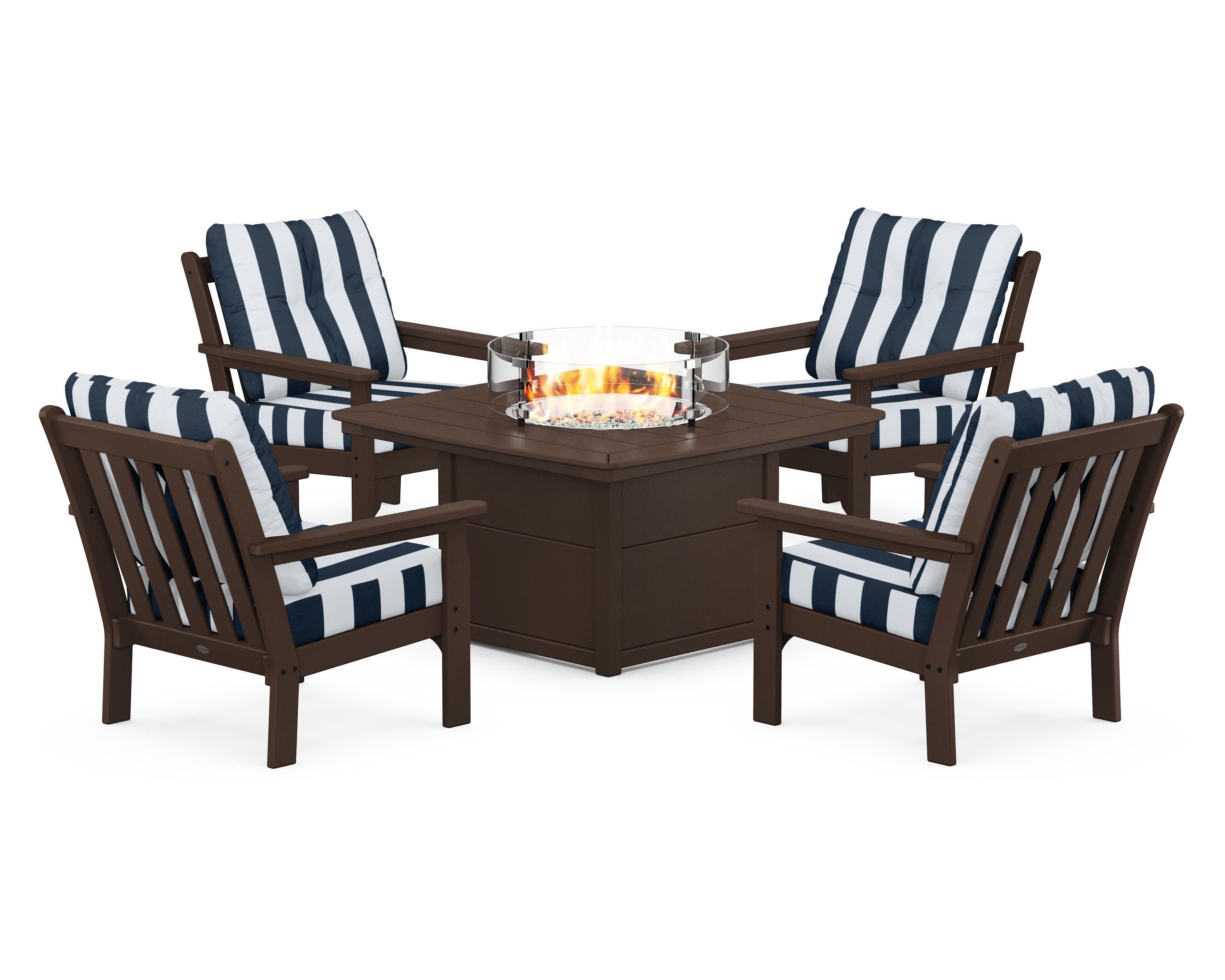 Vineyard 5-Piece Conversation Set with Fire Pit Table in Mahogany / Cabana Stripe Marine Indigo
