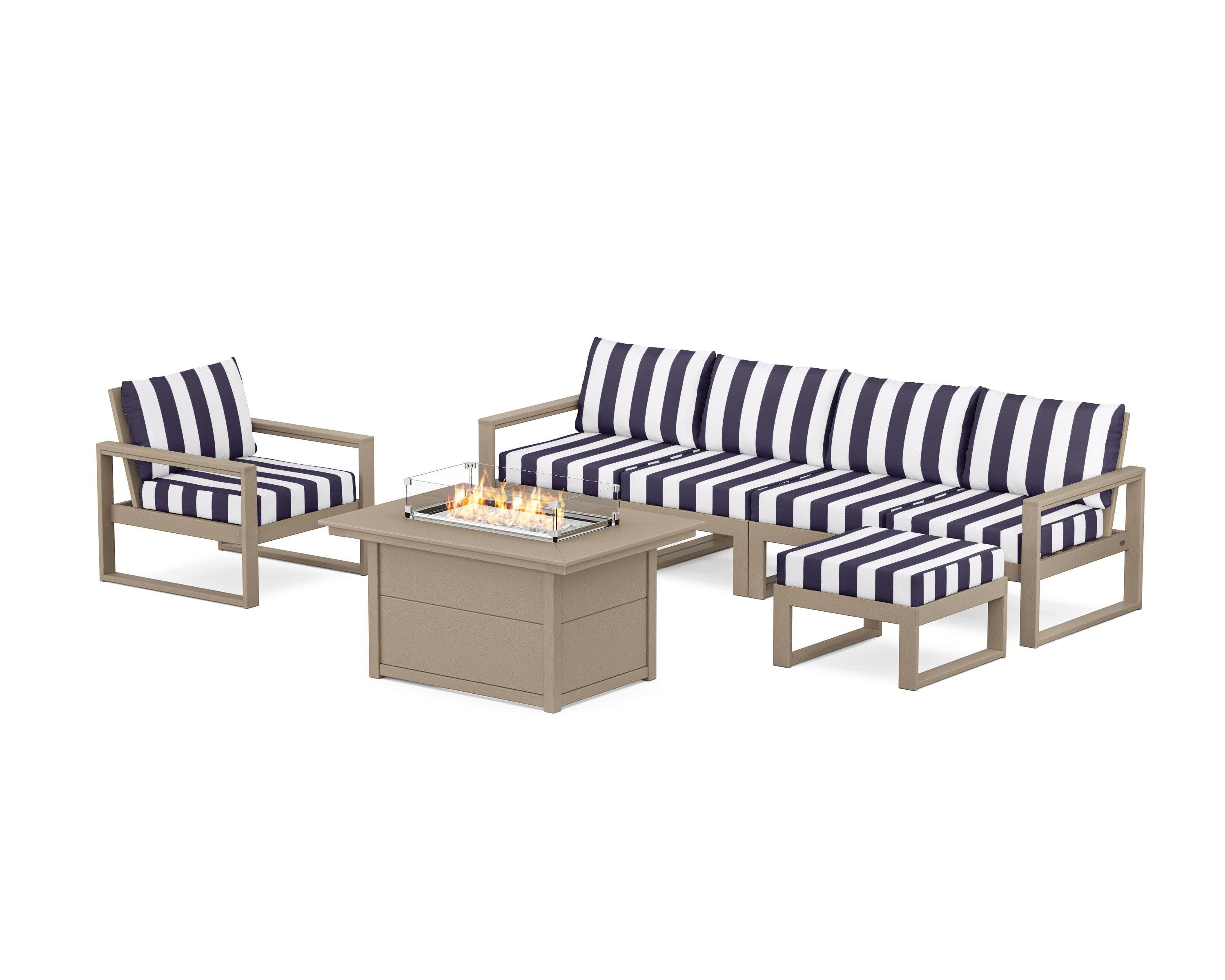 EDGE Sectional Lounge and Fire Pit Set in Vintage Sahara / Cabana Stripe Navy