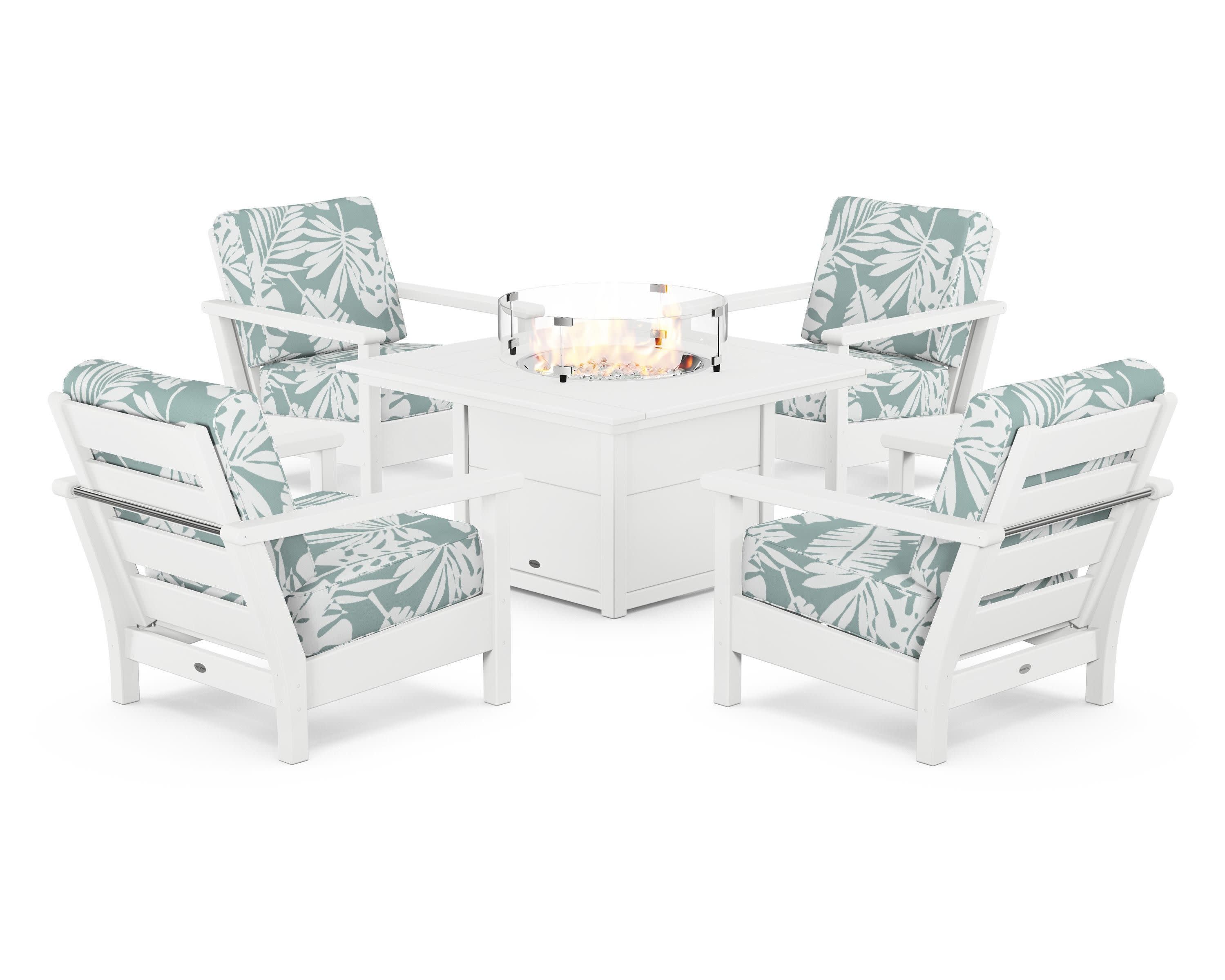 Harbour 5-Piece Conversation Set with Fire Pit Table in White / Leaf Glacier Spa