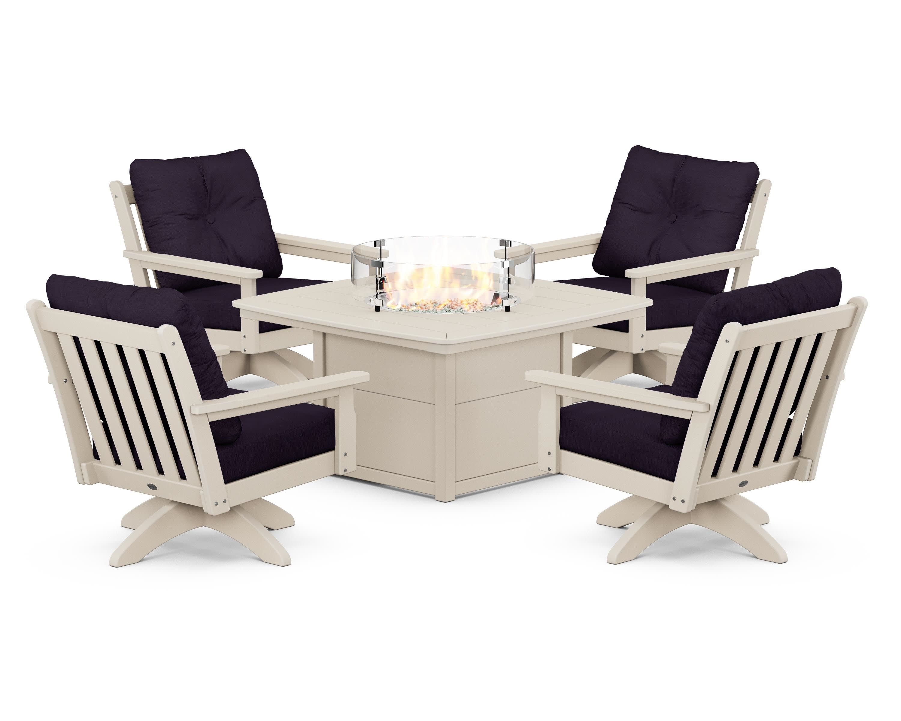 Vineyard 5-Piece Deep Seating Swivel Conversation Set with Fire Pit Table in Sand / Navy Linen