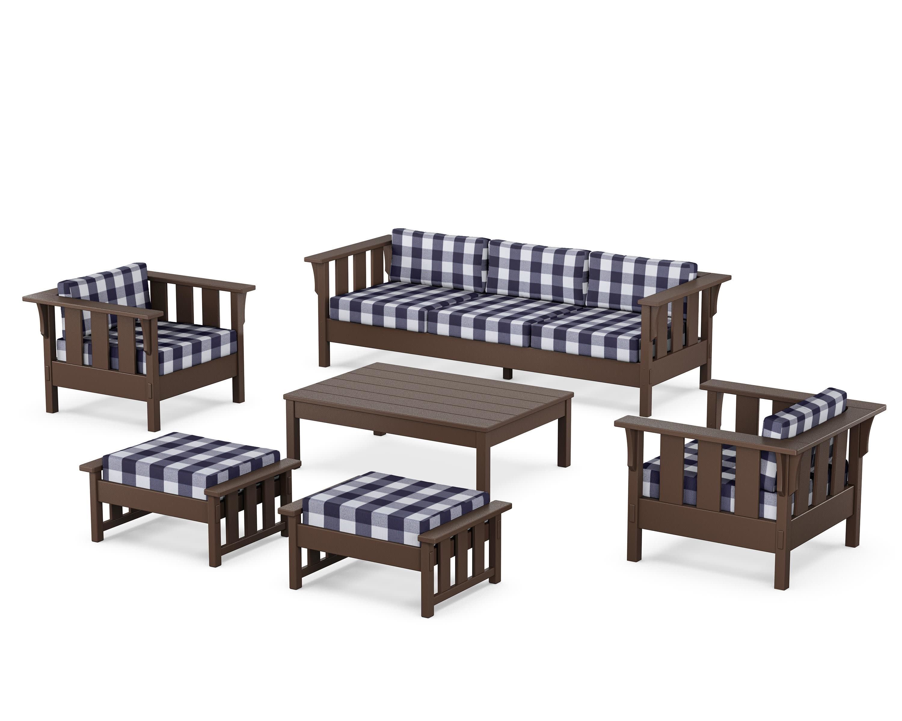 Acadia 6-Piece Lounge Sofa Set in Mahogany / Buffalo Plaid Navy