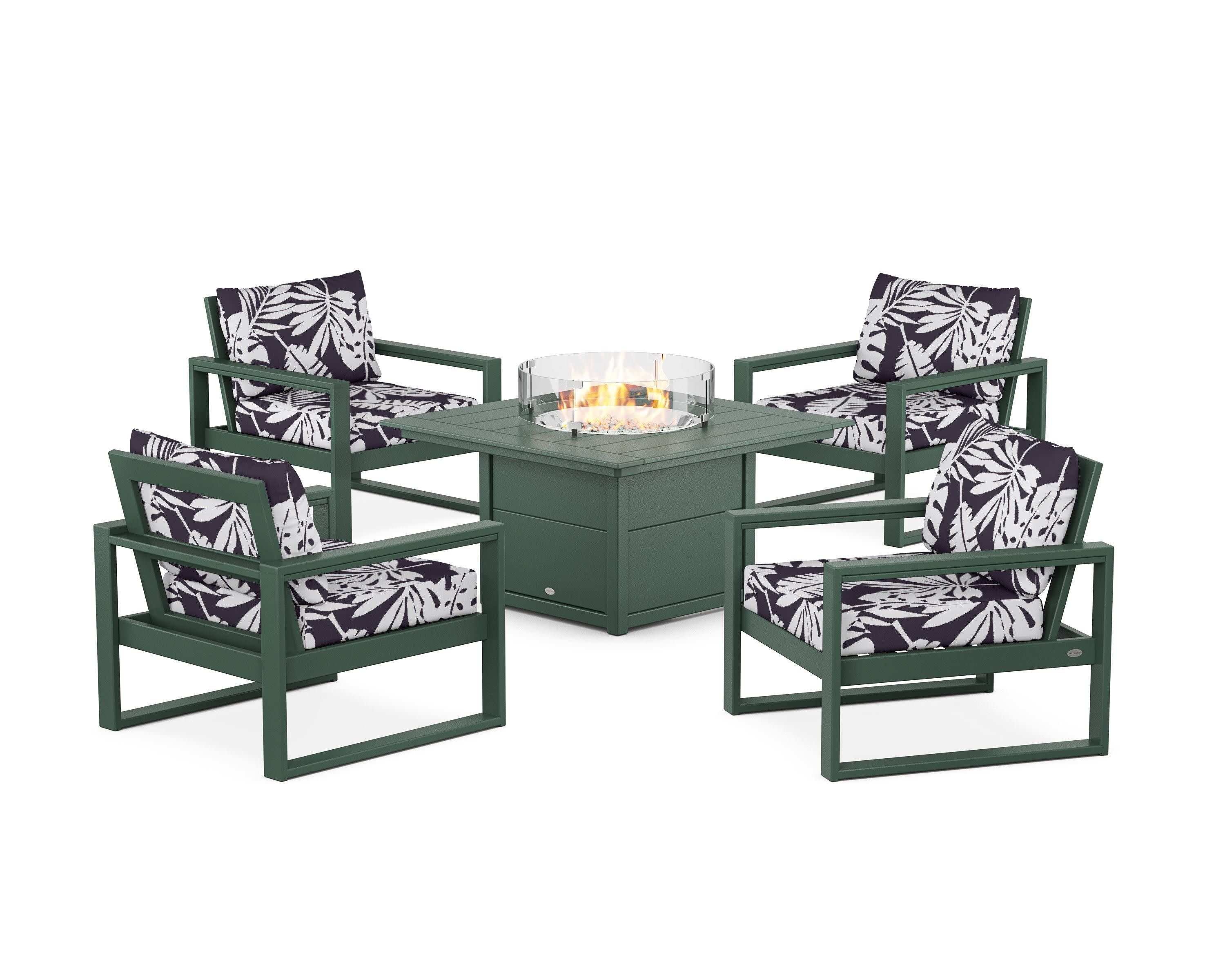EDGE Sectional 5-Piece Deep Seating Set with Fire Pit Table in Green / Leaf Navy