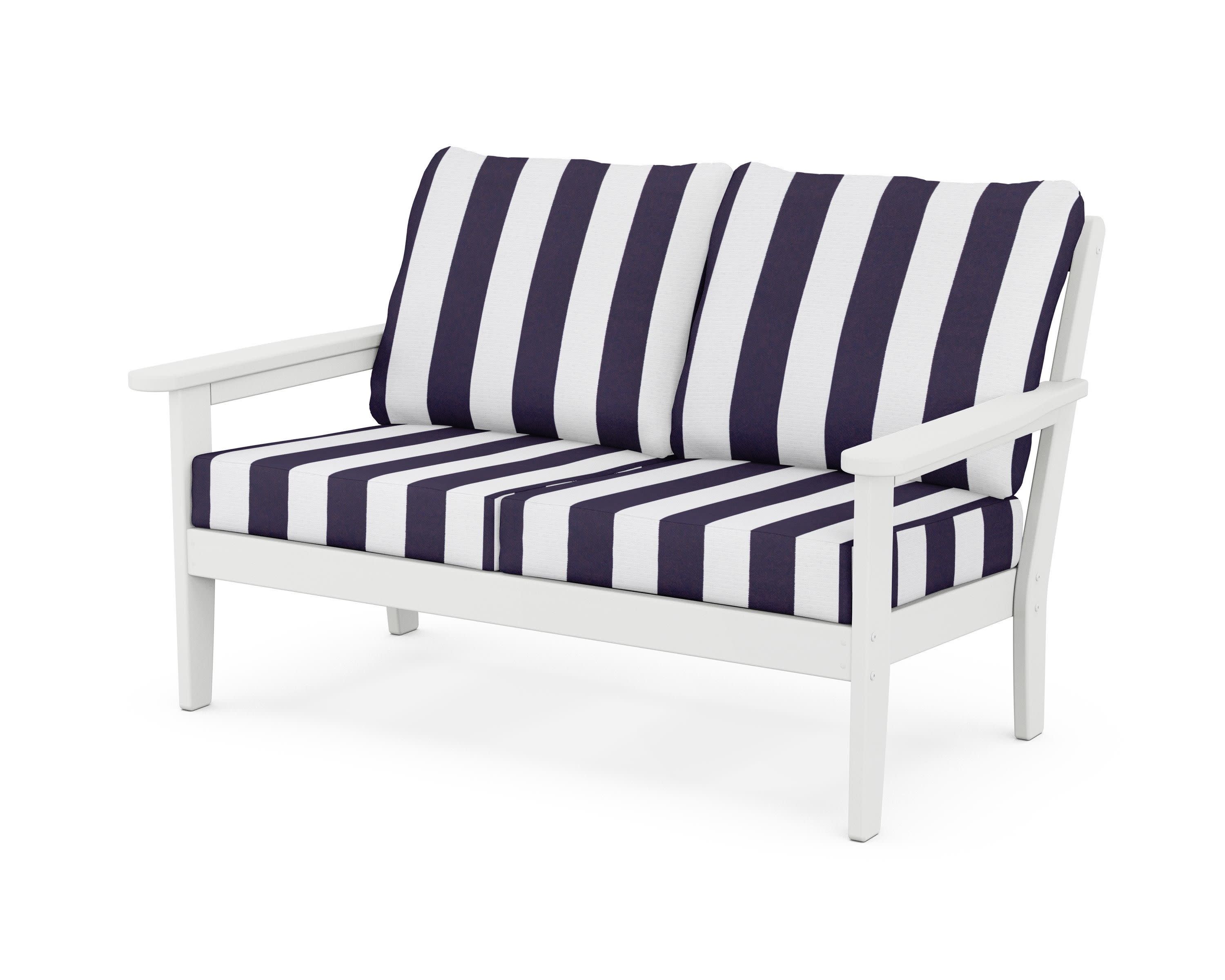 Cottage Deep Seating Loveseat in White / Cabana Stripe Navy