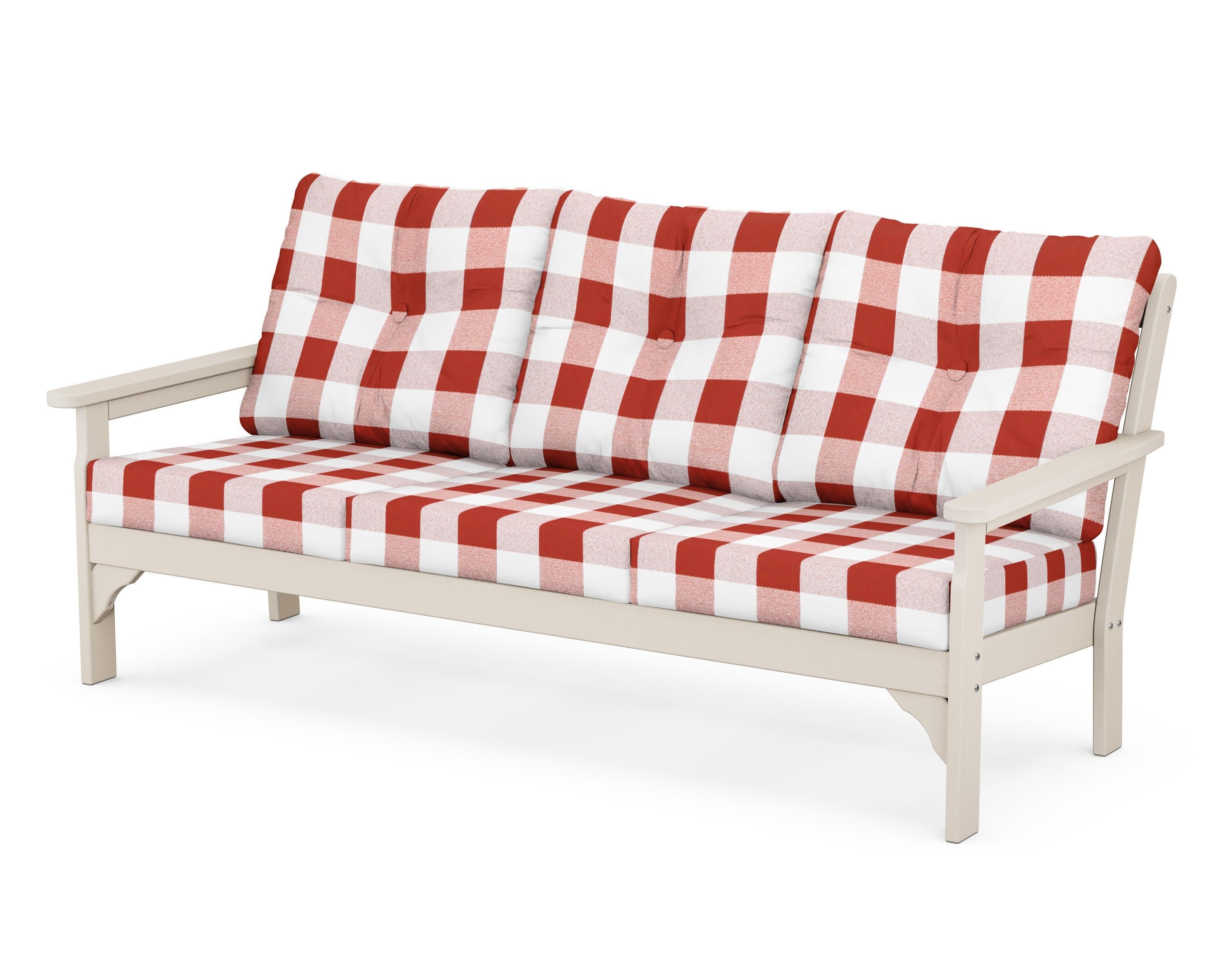 Vineyard Deep Seating Sofa in Sand / Buffalo Plaid Crimson