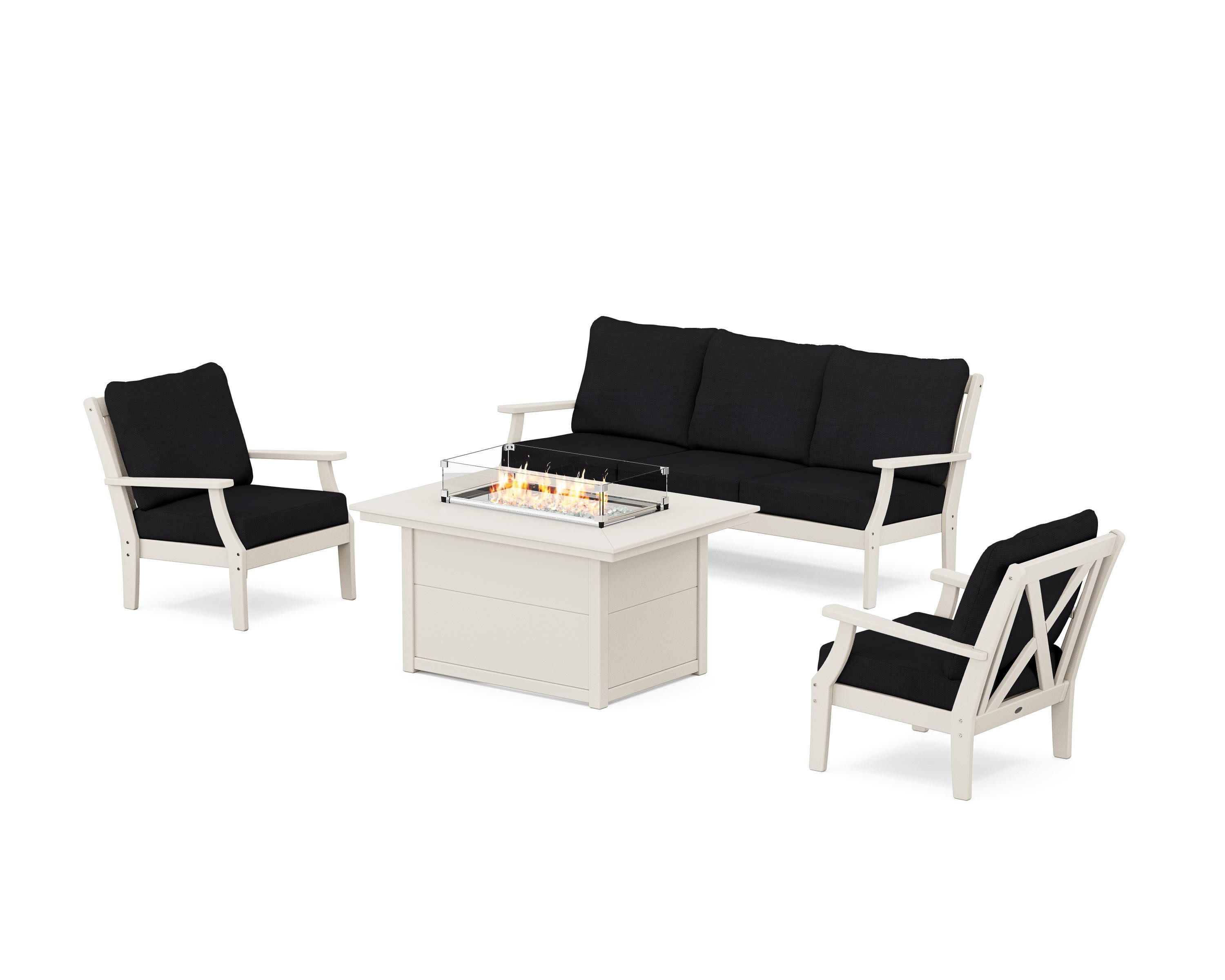 Braxton Deep Seating Fire Pit Table Set in Sand / Midnight Linen