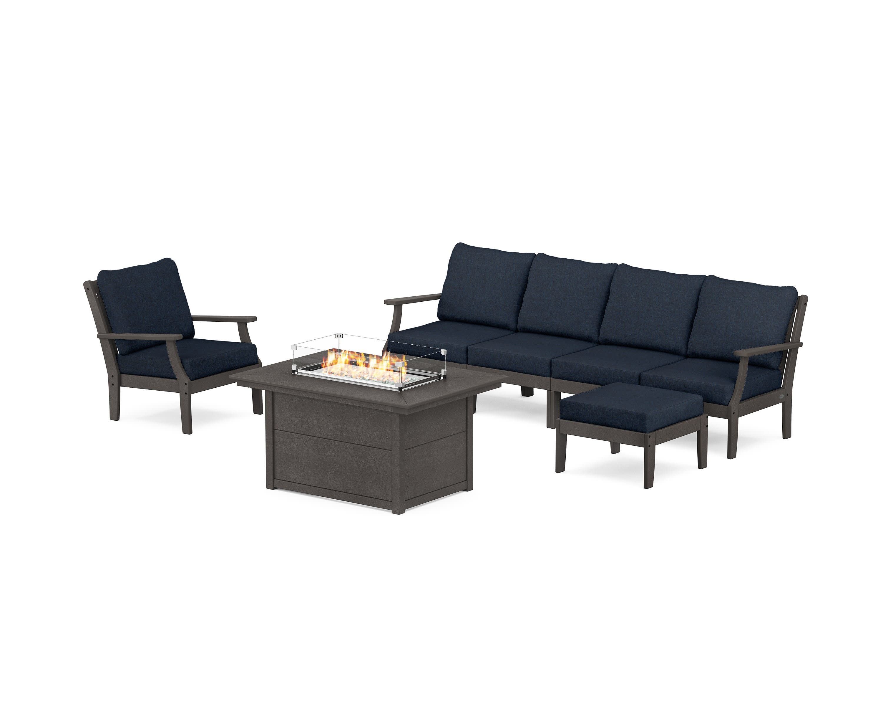 Braxton Sectional Lounge and Fire Pit Set in Vintage Coffee / Marine Indigo