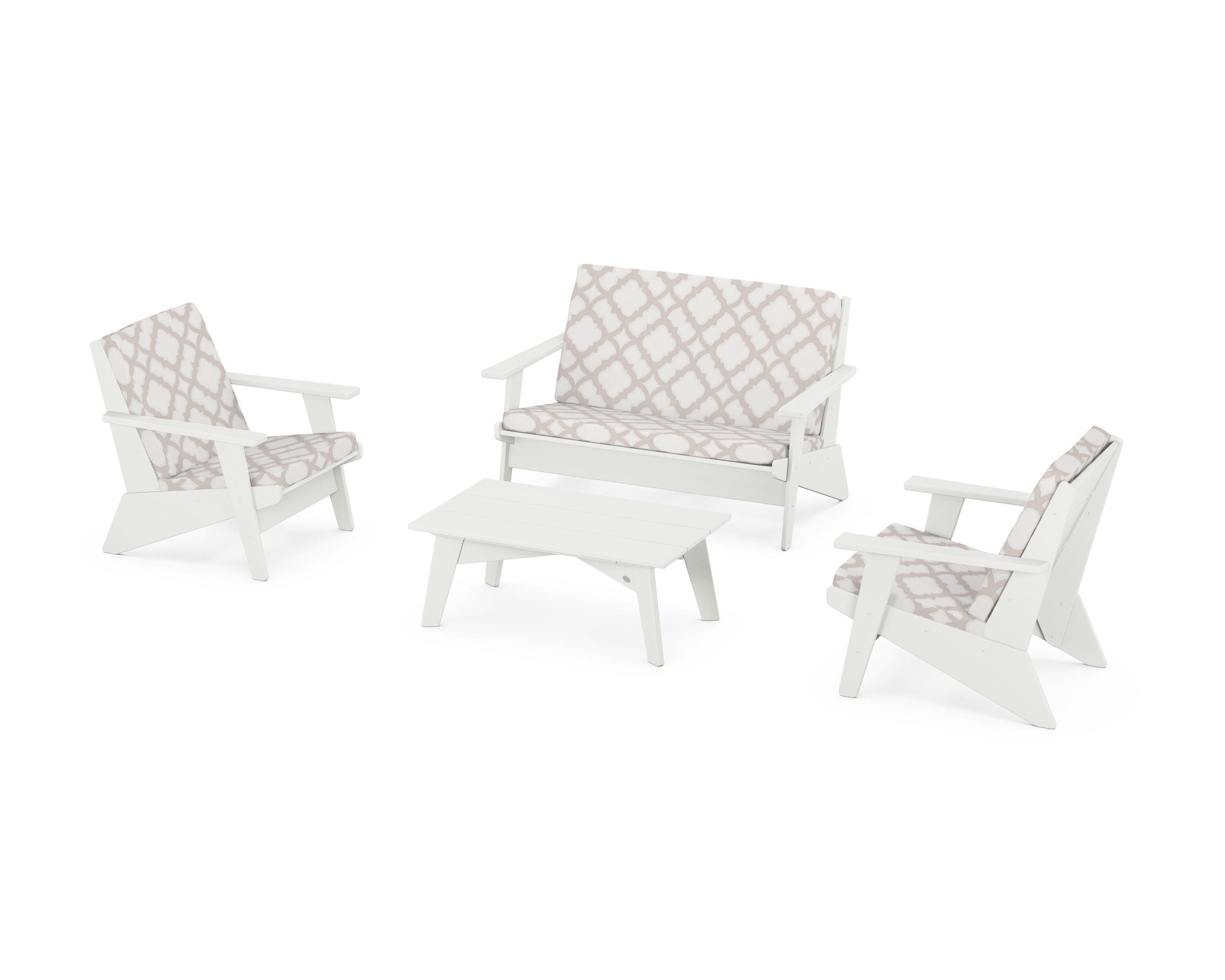 Riviera Modern Lounge 4-Piece Set in Vintage White / Trellis Dune Burlap