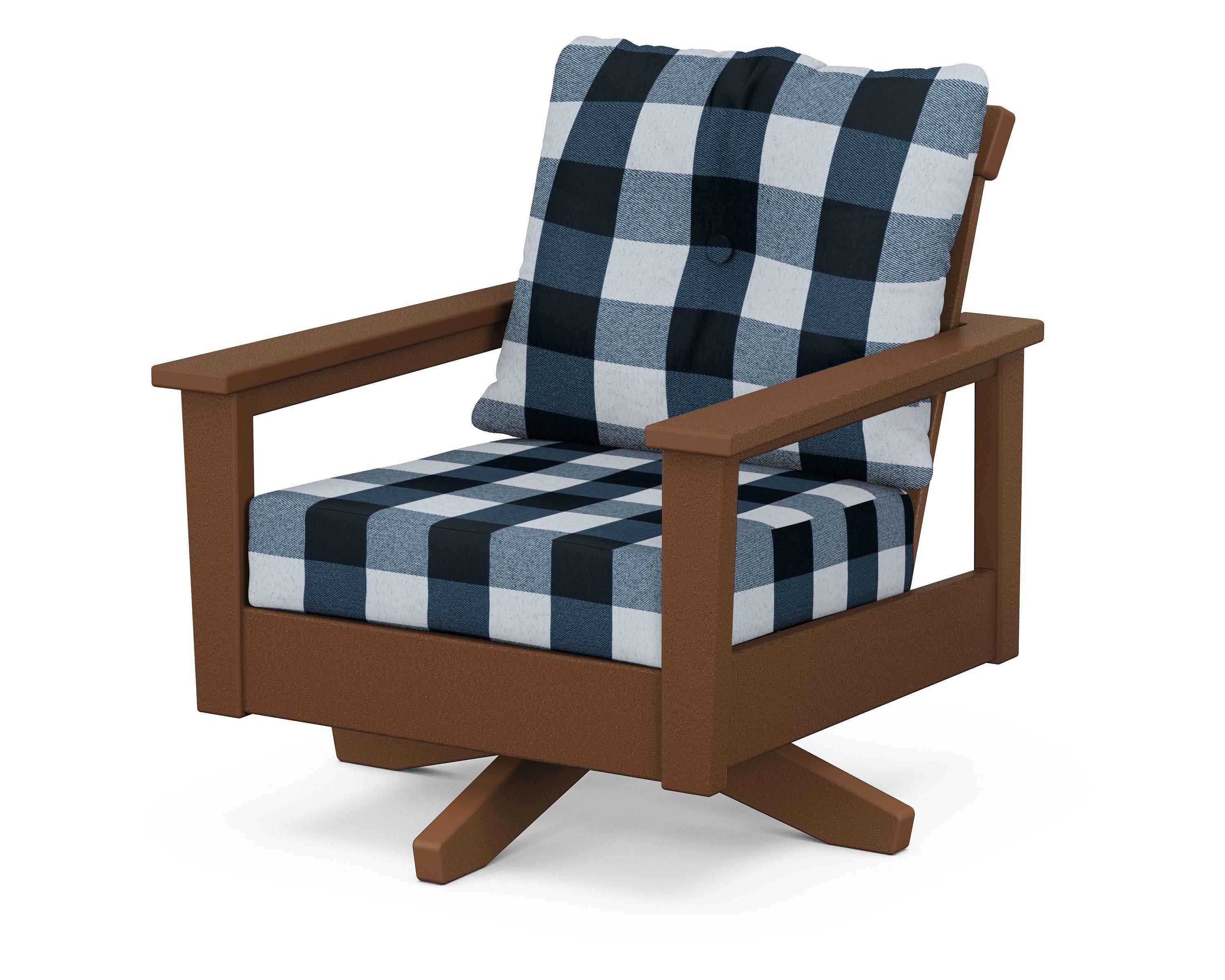 Prescott Deep Seating Swivel Chair in Teak / Buffalo Plaid Marine Indigo