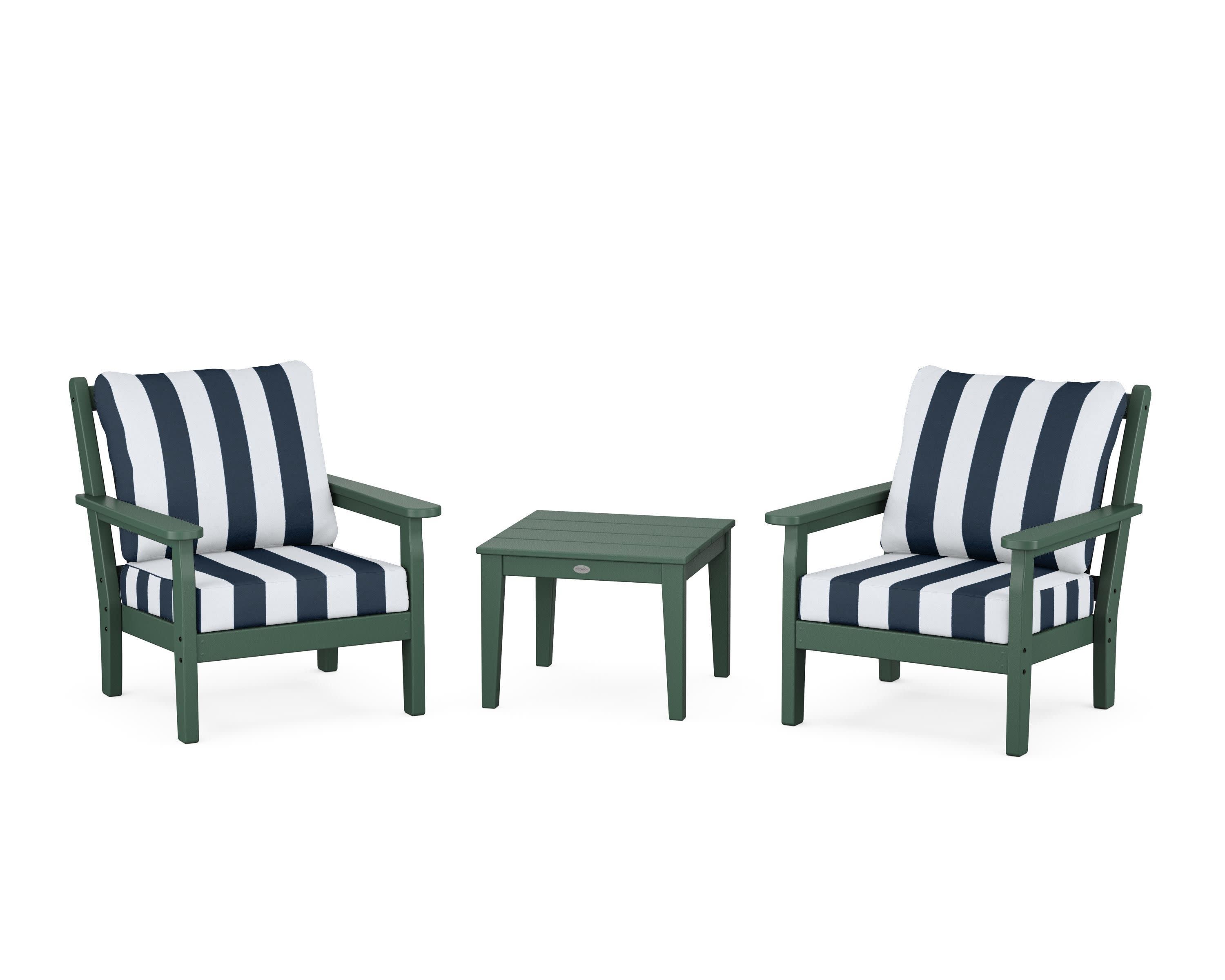 Chippendale 3-Piece Deep Seating Set in Green / Cabana Stripe Marine Indigo