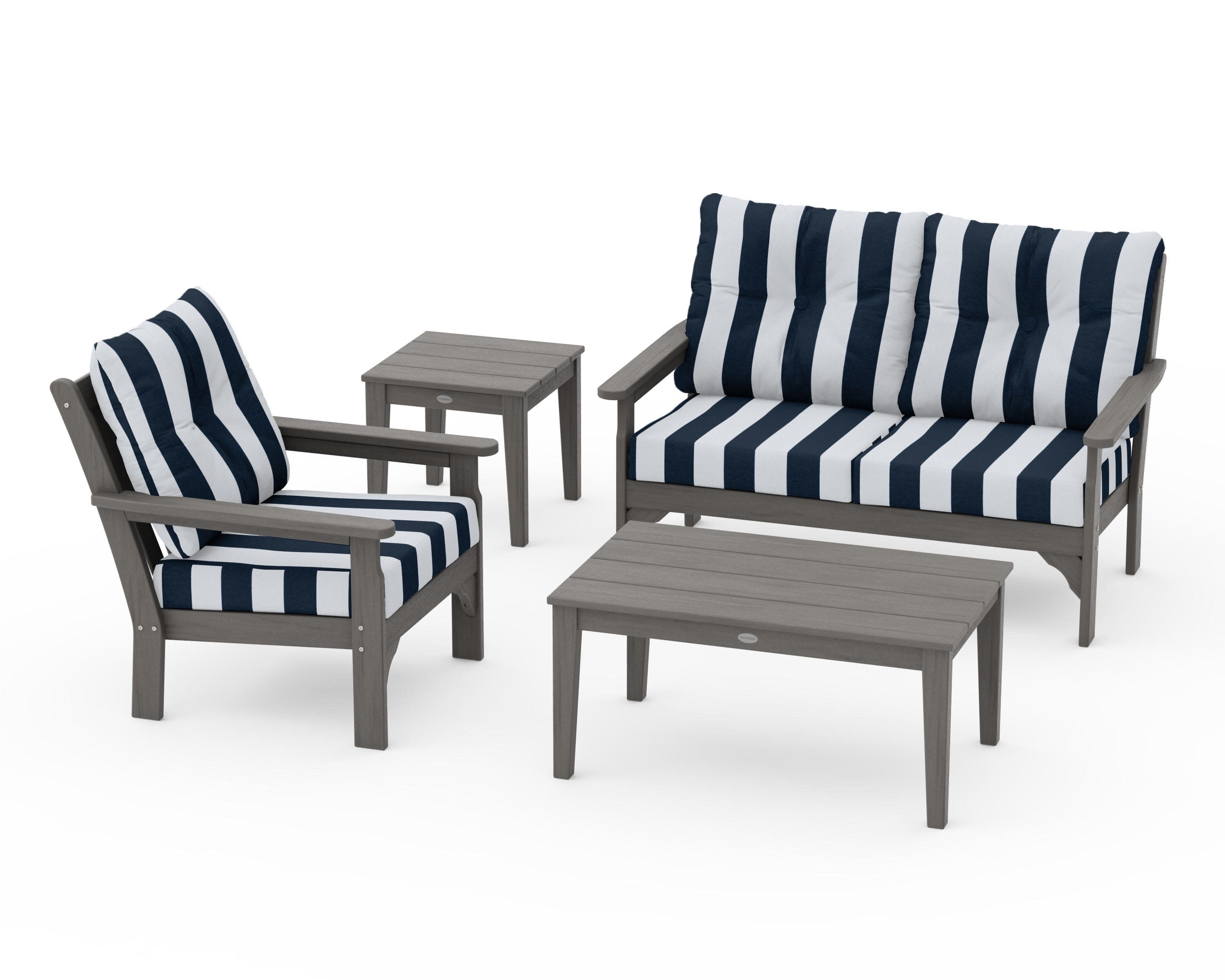 Vineyard 4-Piece Deep Seating Set in Driftwood / Cabana Stripe Marine Indigo