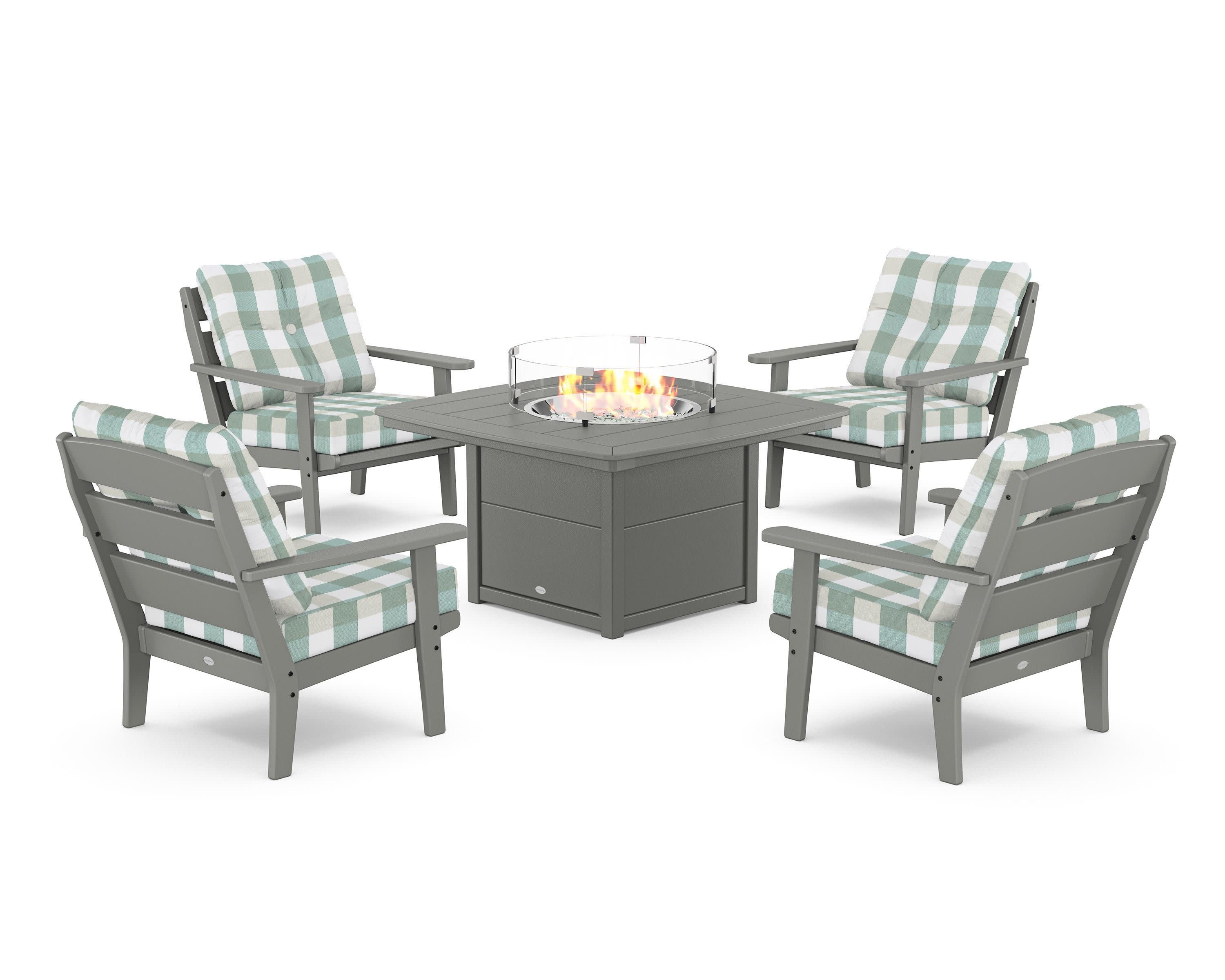 Lakeside 5-Piece Deep Seating Set with Nautical Fire Pit Table in Slate Grey / Buffalo Plaid Glacier Spa