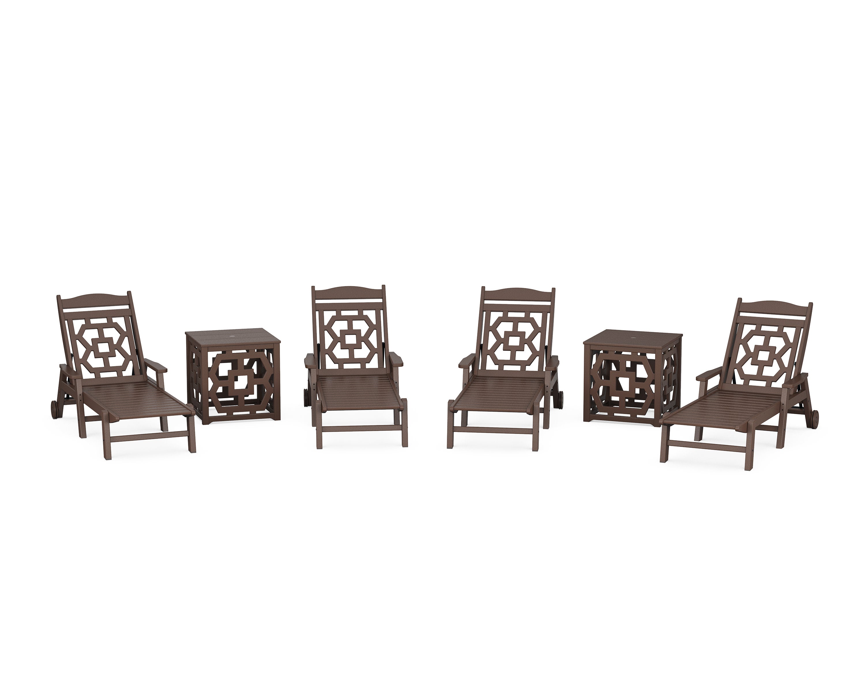 Chinoiserie 6-Piece Chaise Set with Umbrella Stand Accent Table in Mahogany