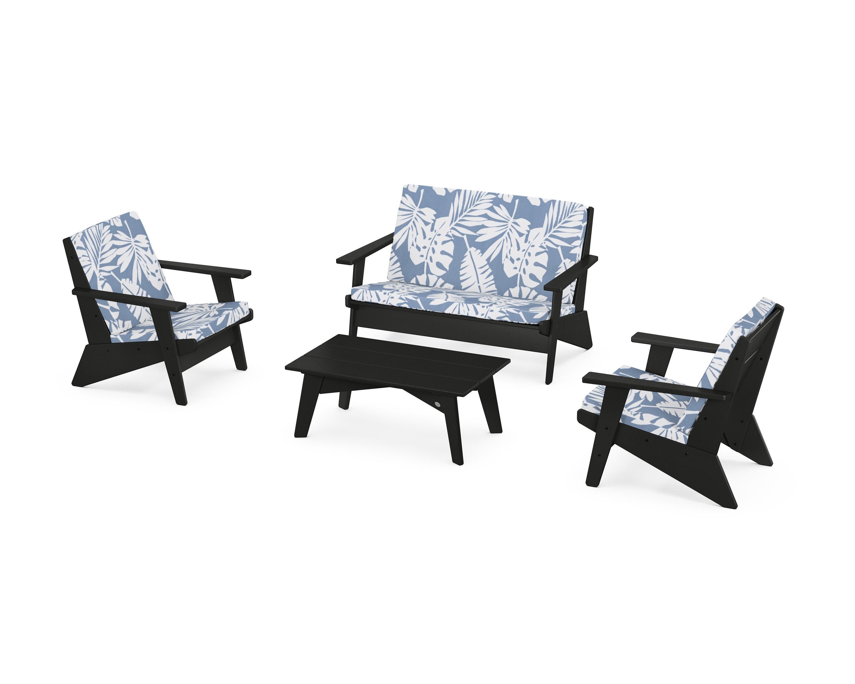 Riviera Modern Lounge 4-Piece Set in Black / Leaf Sky Blue