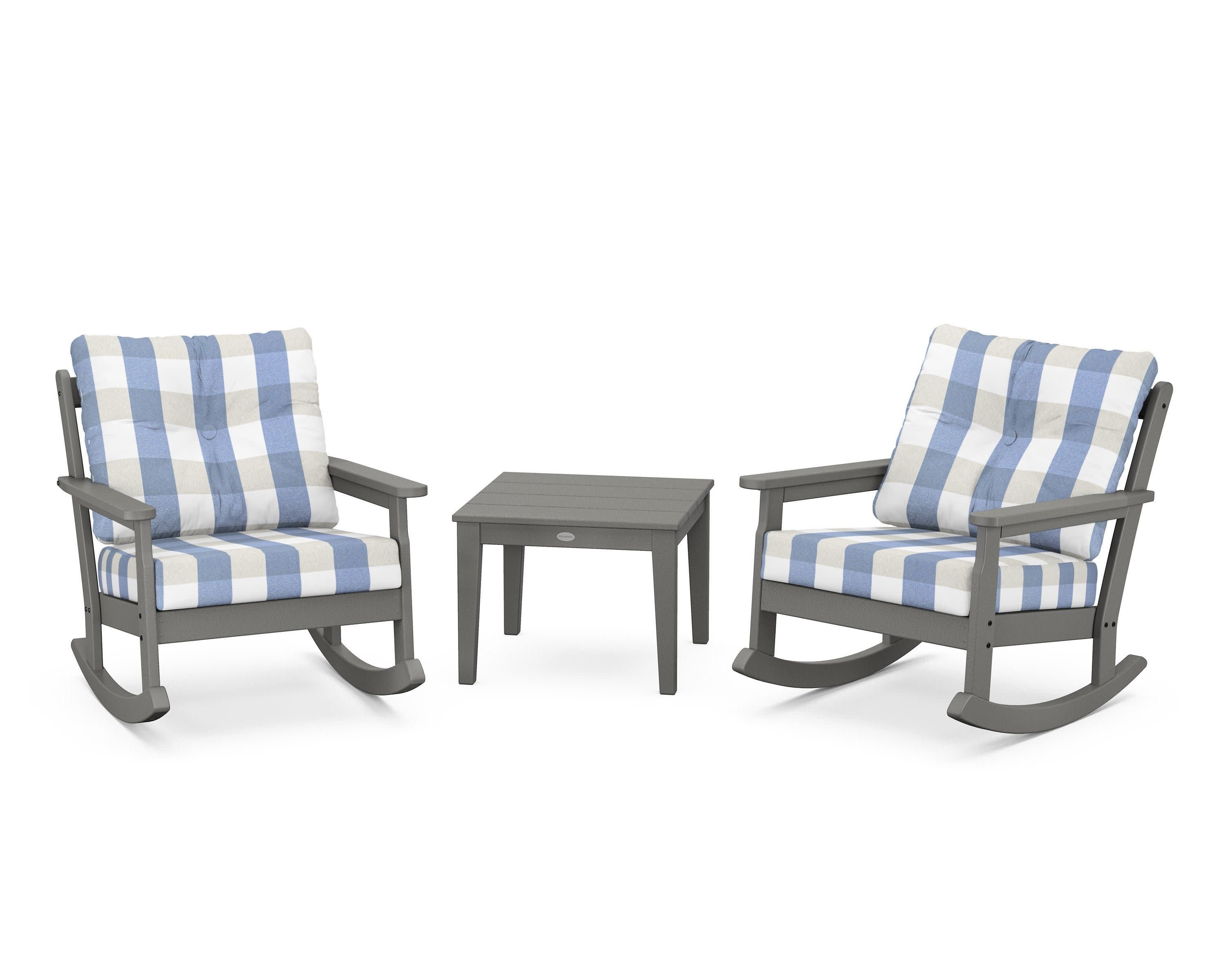Vineyard 3-Piece Deep Seating Rocker Set in Slate Grey / Buffalo Plaid Sky Blue