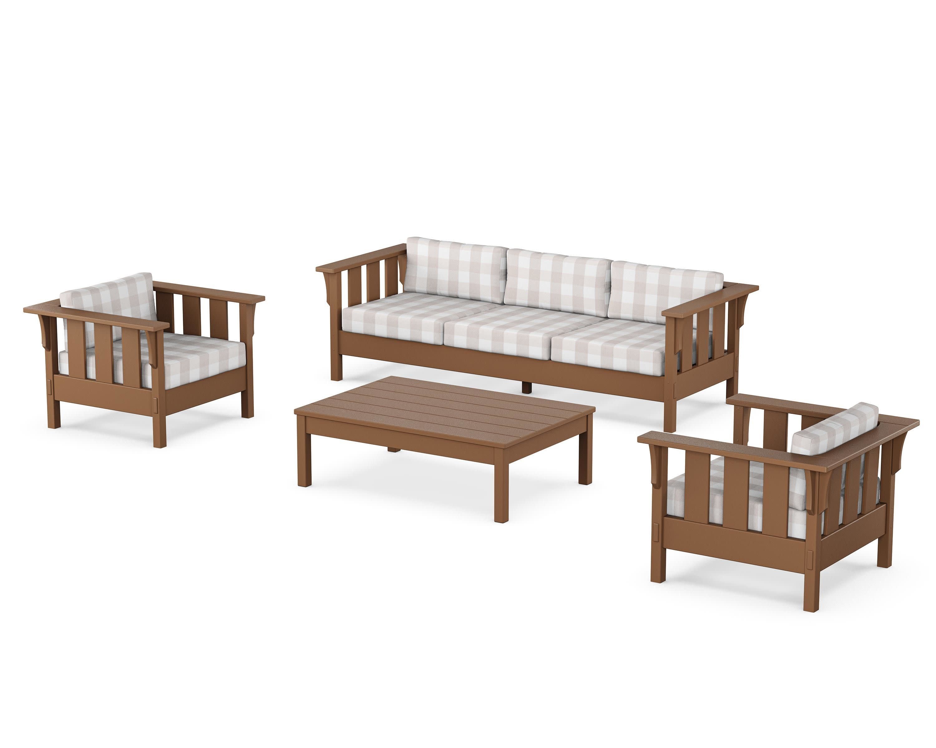 Acadia 4-Piece Deep Seating Set with Sofa in Teak / Buffalo Plaid Dune Burlap