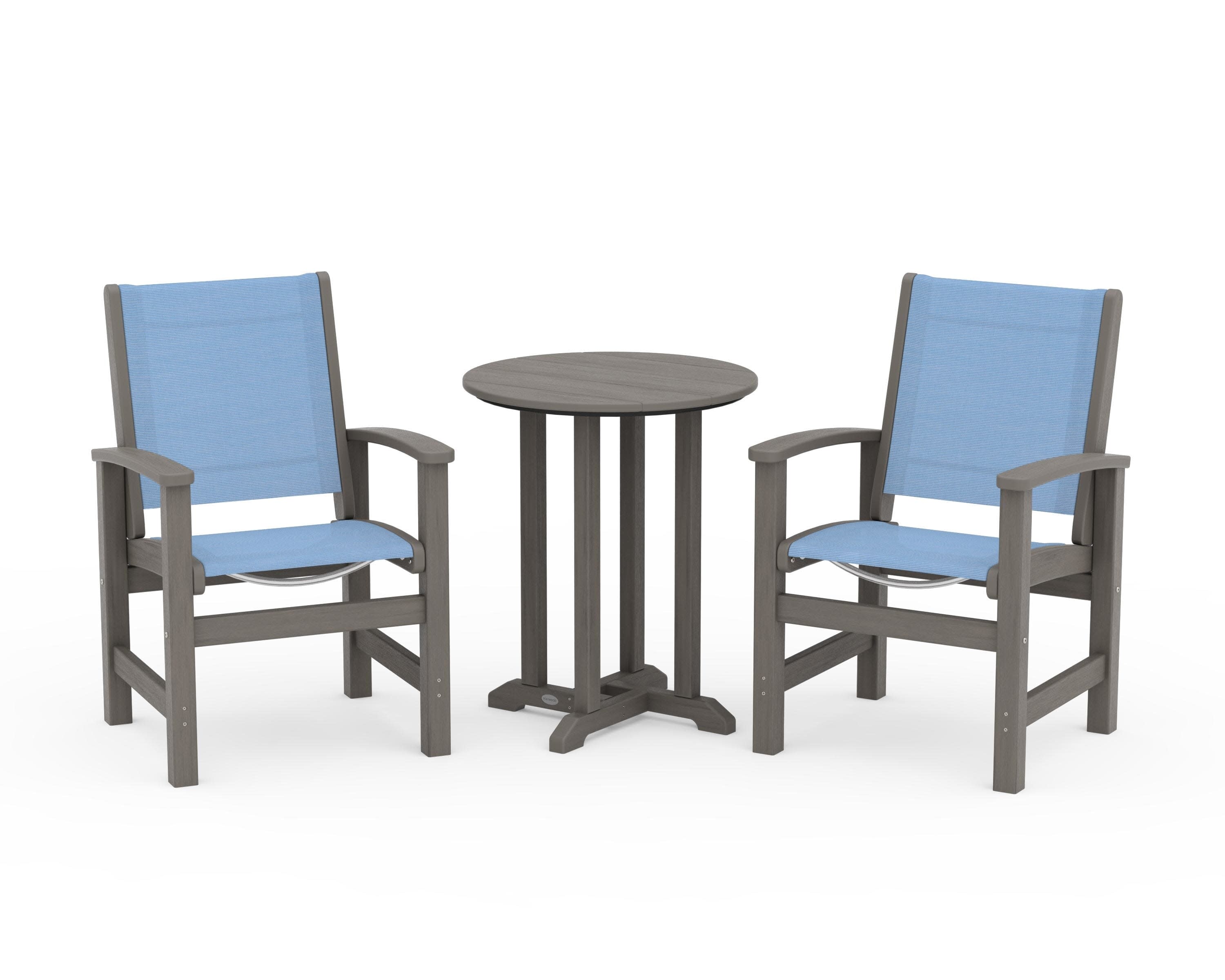 Coastal 3-Piece Round Bistro Dining Set in Driftwood / Poolside Sling