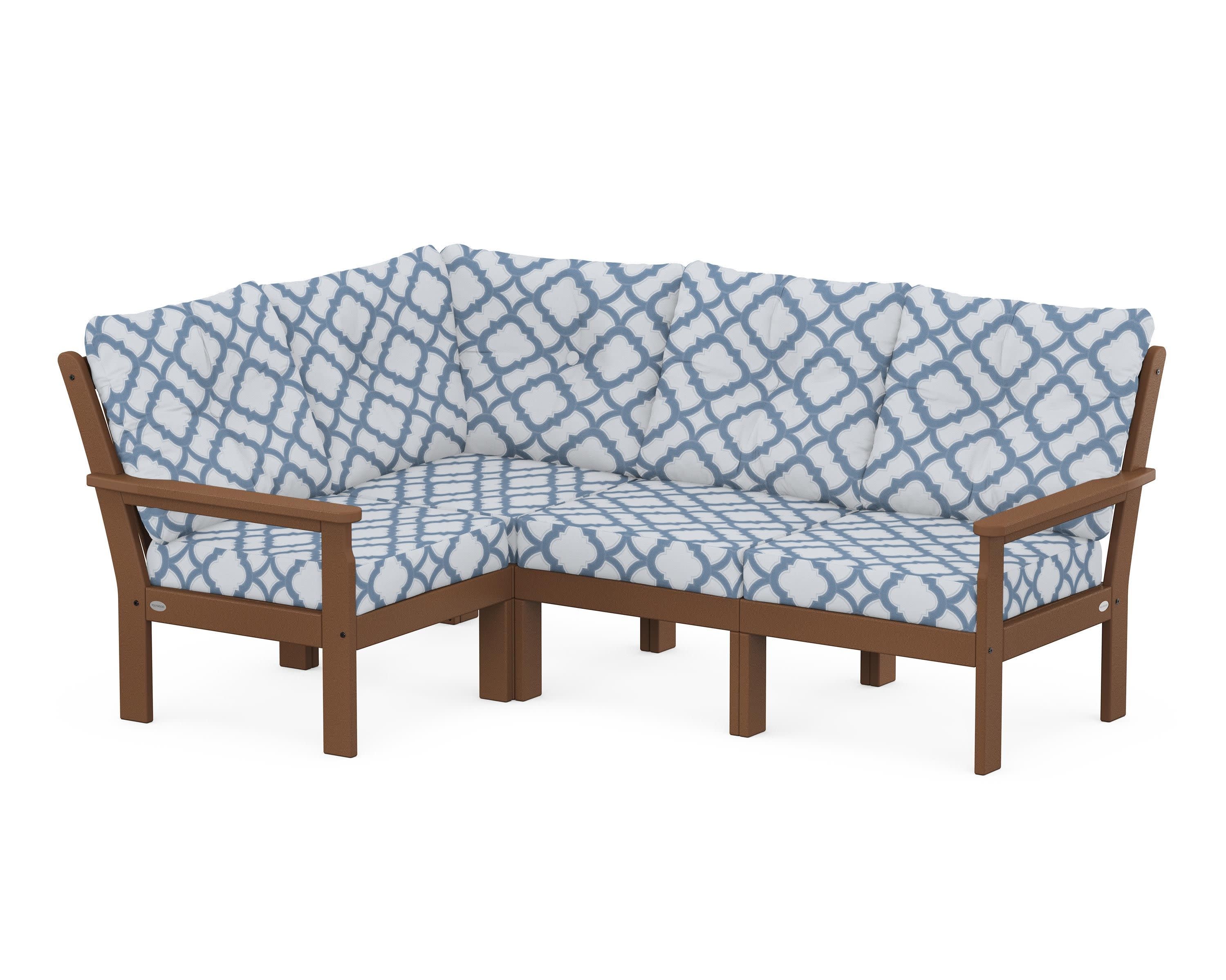 Vineyard 4-Piece Sectional in Teak / Trellis Sky Blue