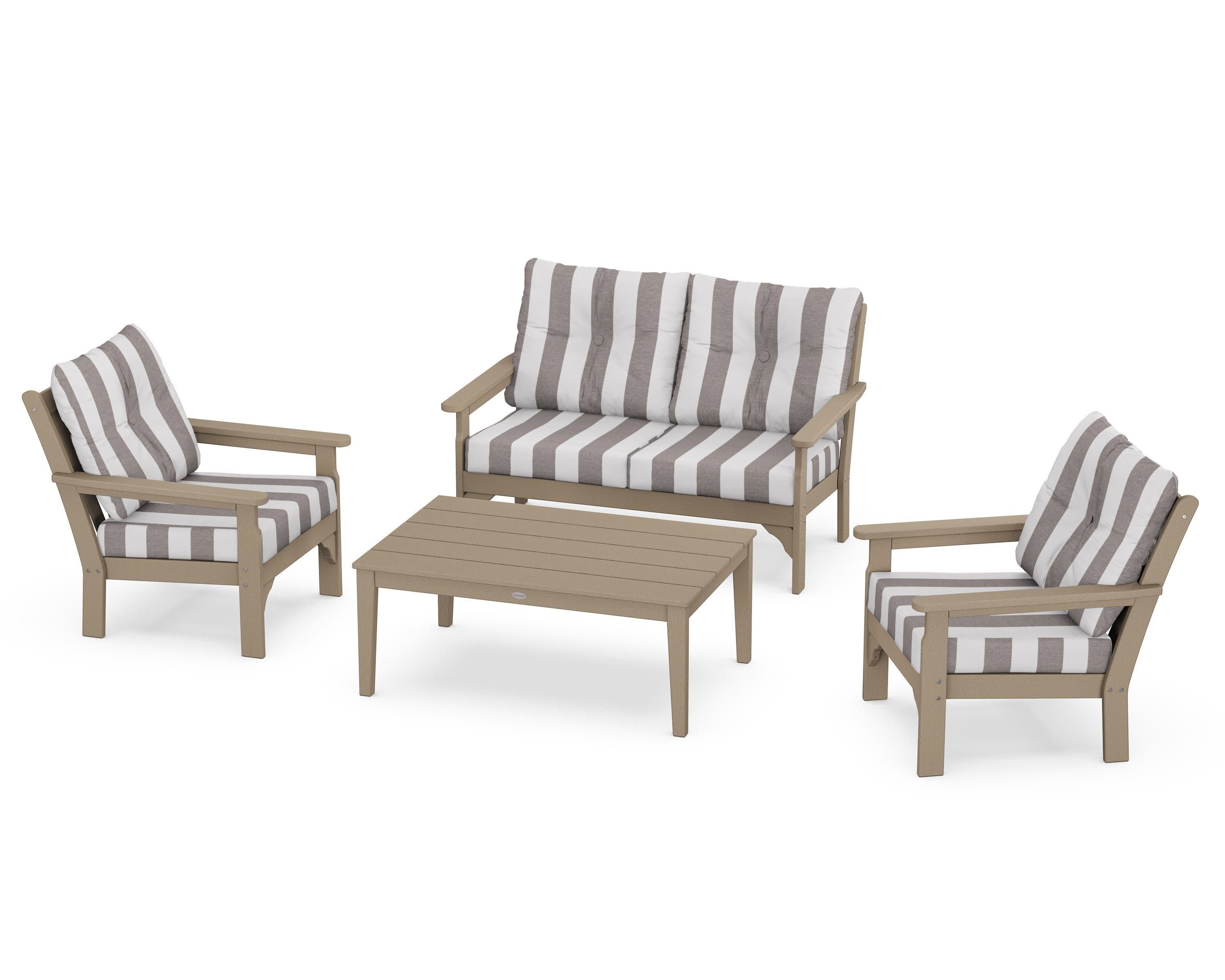 Vineyard 4-Piece Deep Seating Set in Vintage Sahara / Cabana Stripe Grey Mist