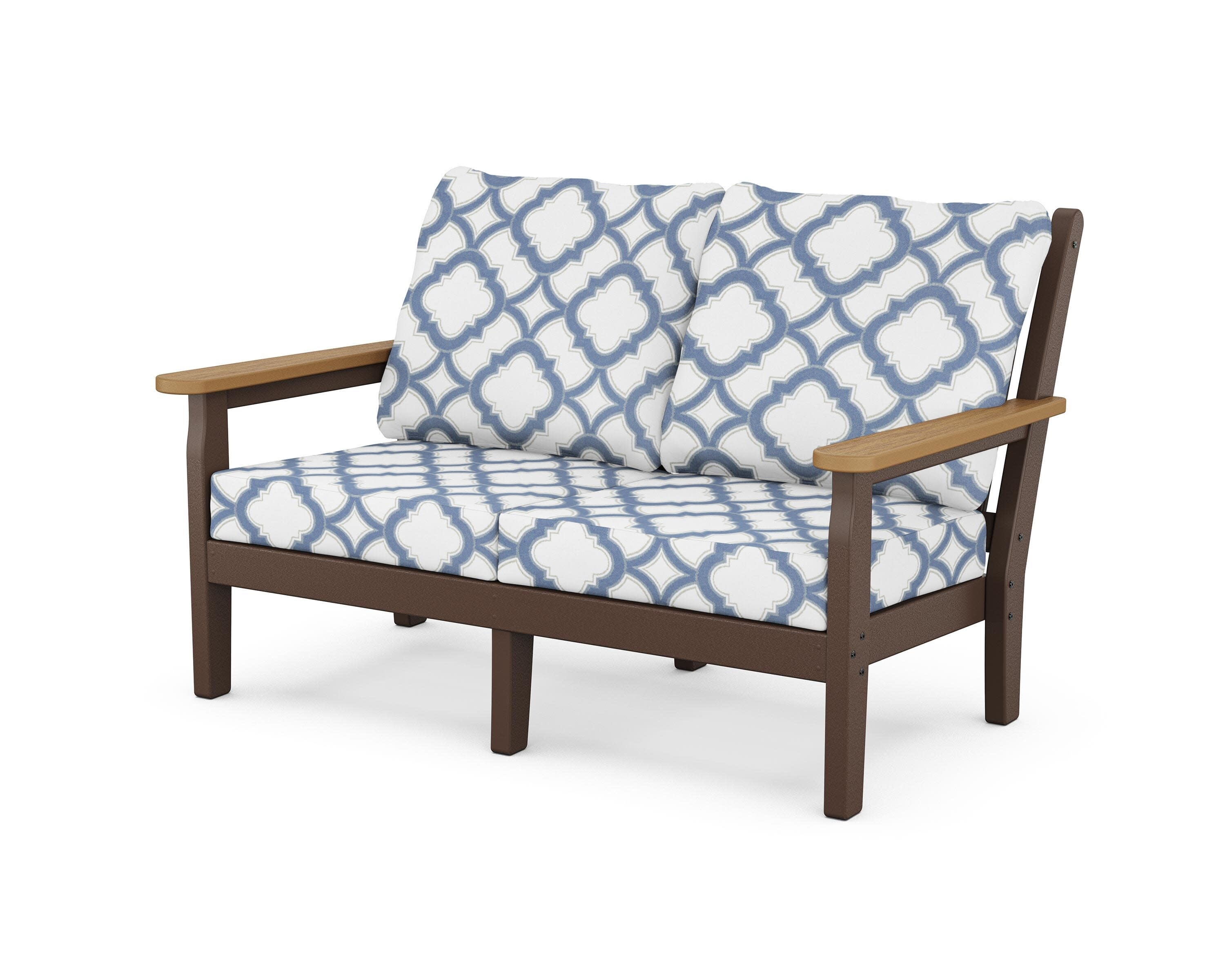 Chippendale Deep Seating Loveseat in Mahogany / Natural / Trellis Sky Blue