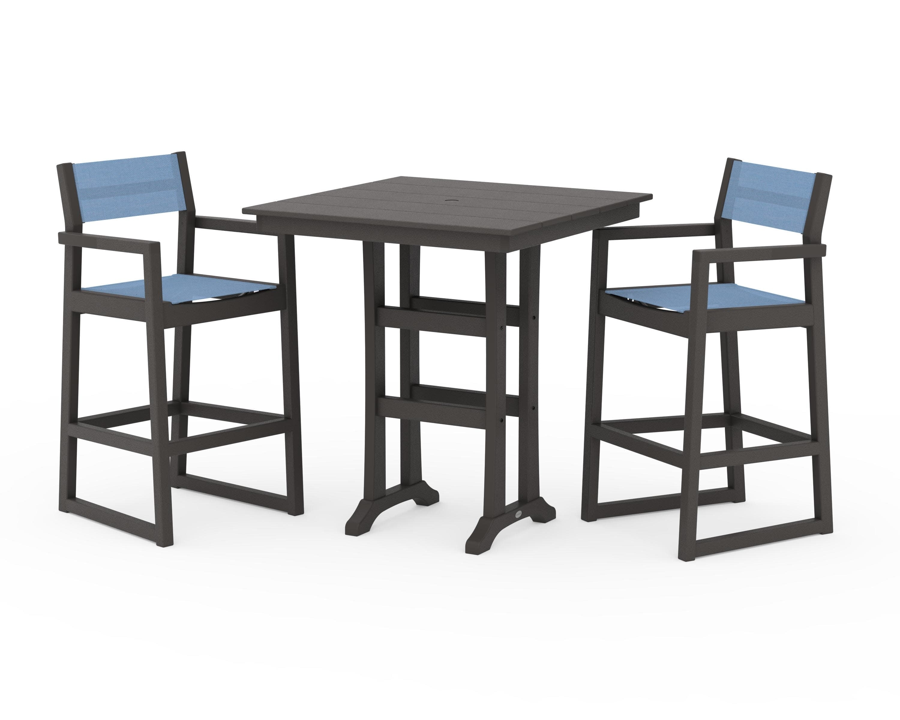 EDGE Sling Arm Chair 3-Piece Farmhouse Bar Set with Trestle Legs in Vintage Coffee / Poolside Sling