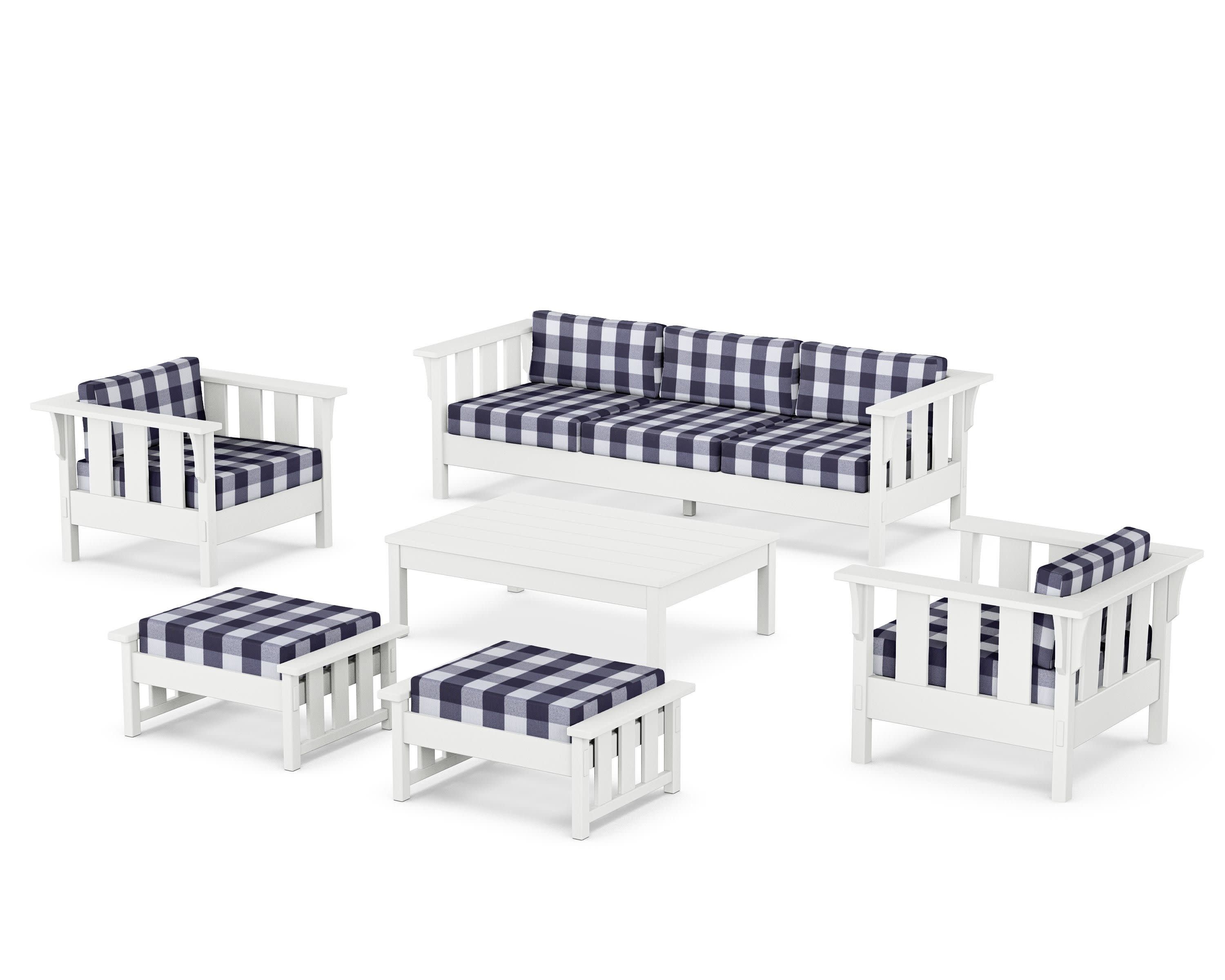 Acadia 6-Piece Lounge Sofa Set in White / Buffalo Plaid Navy