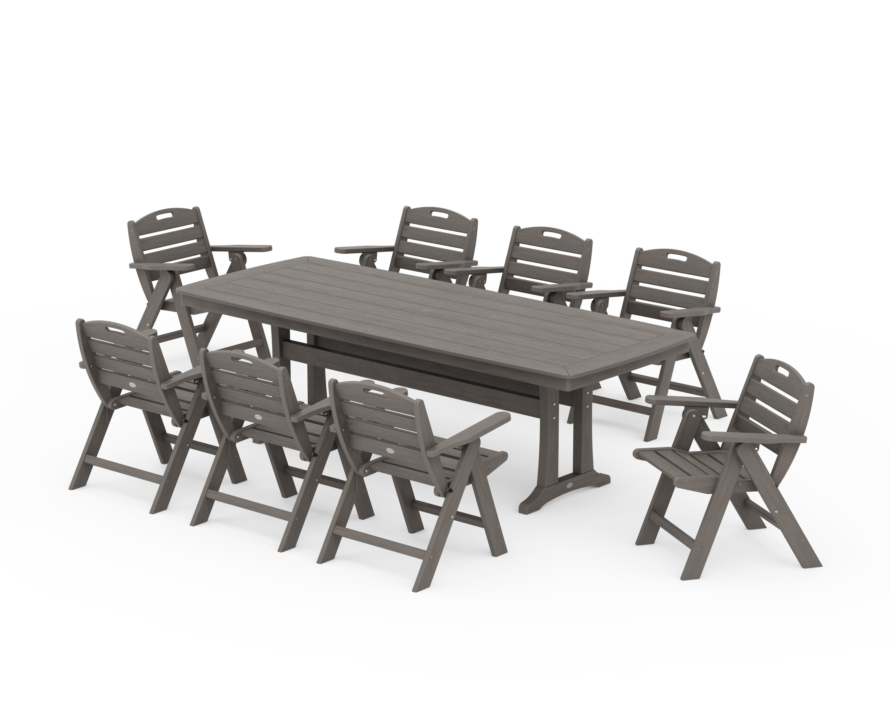 Nautical Lowback 9-Piece Dining Set with Trestle Legs in Driftwood