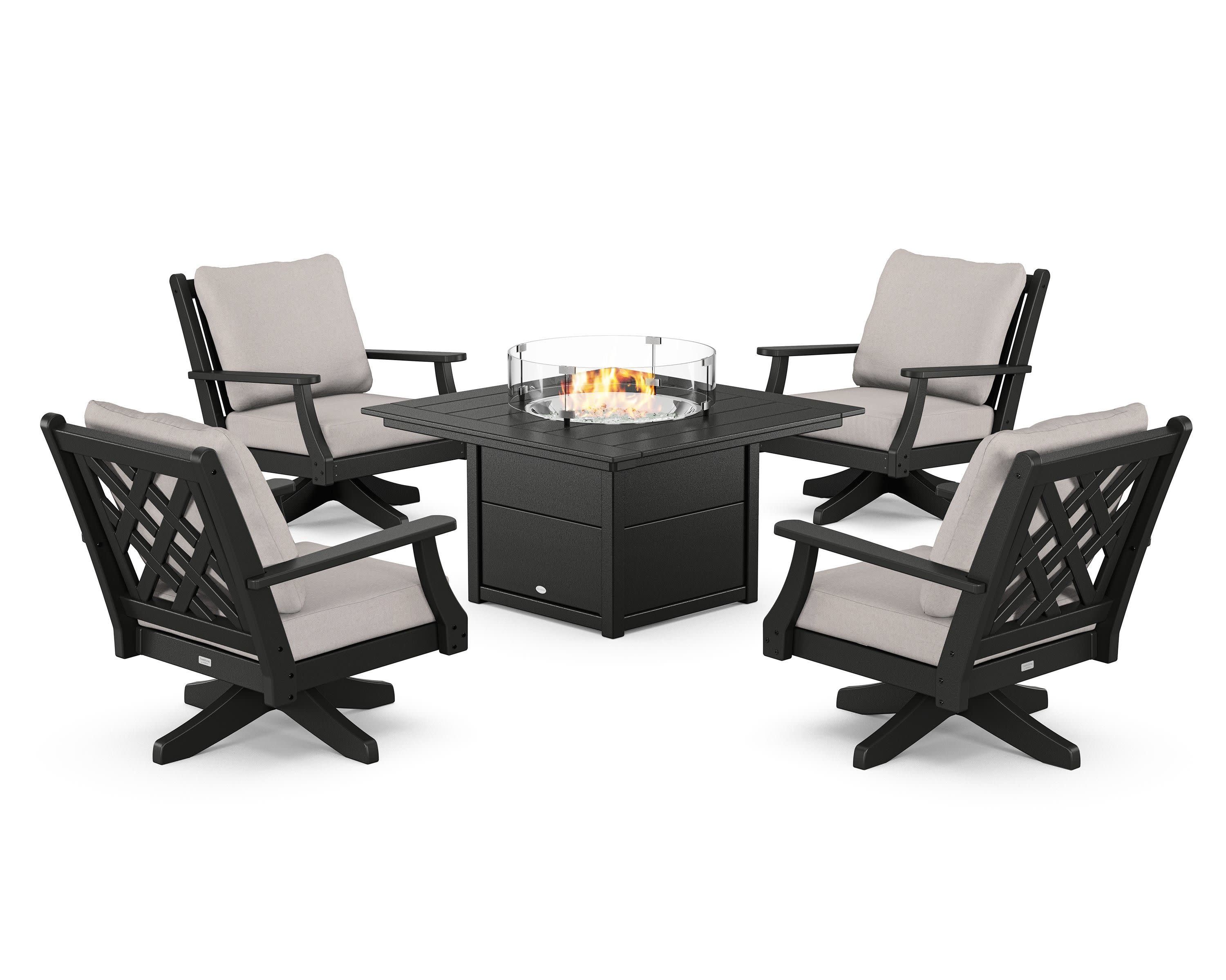 Wovendale 5-Piece Deep Seating Swivel Conversation Set with Fire Pit Table in Black / Dune Burlap