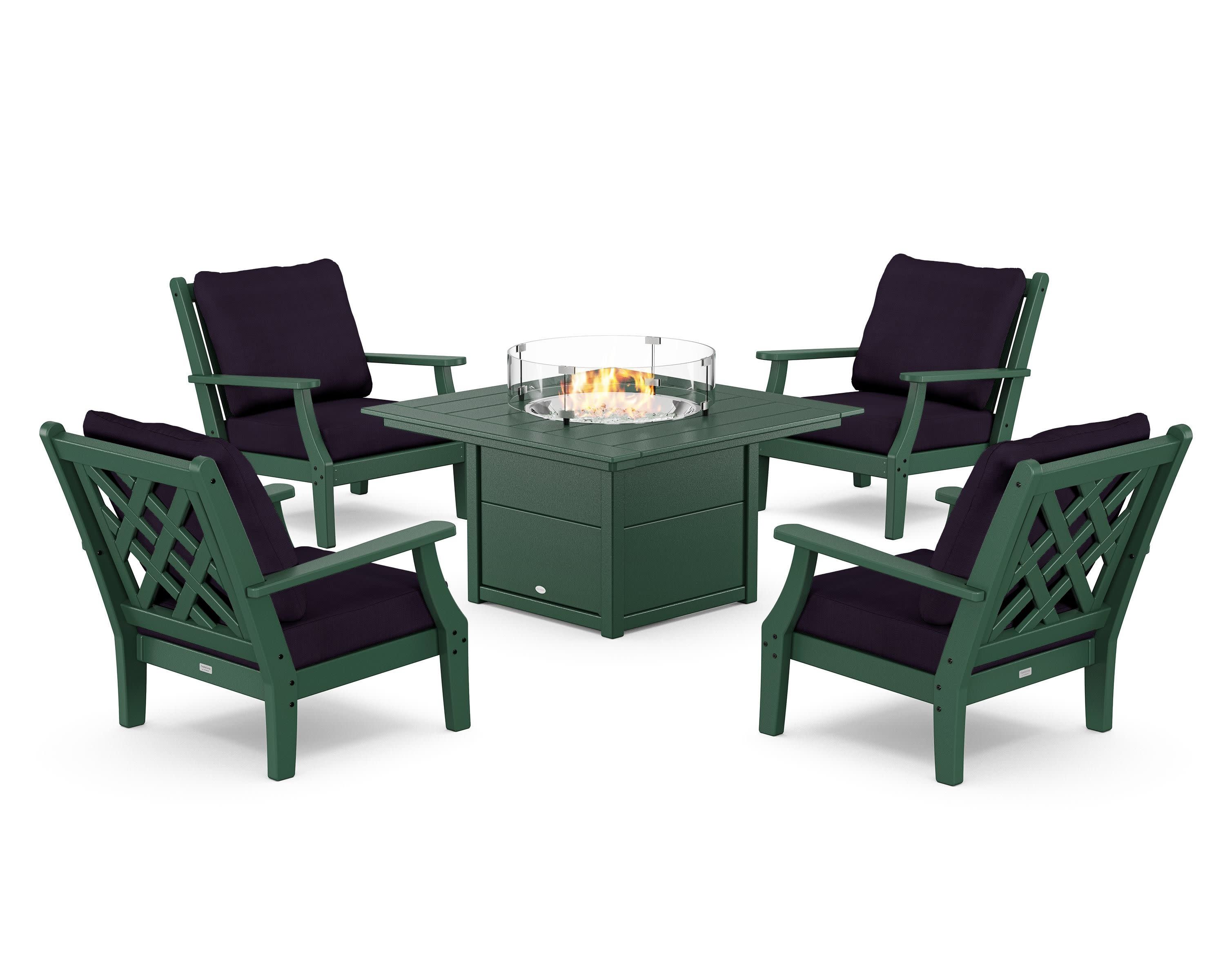 Wovendale 5-Piece Deep Seating Set with Fire Pit Table in Green / Navy Linen