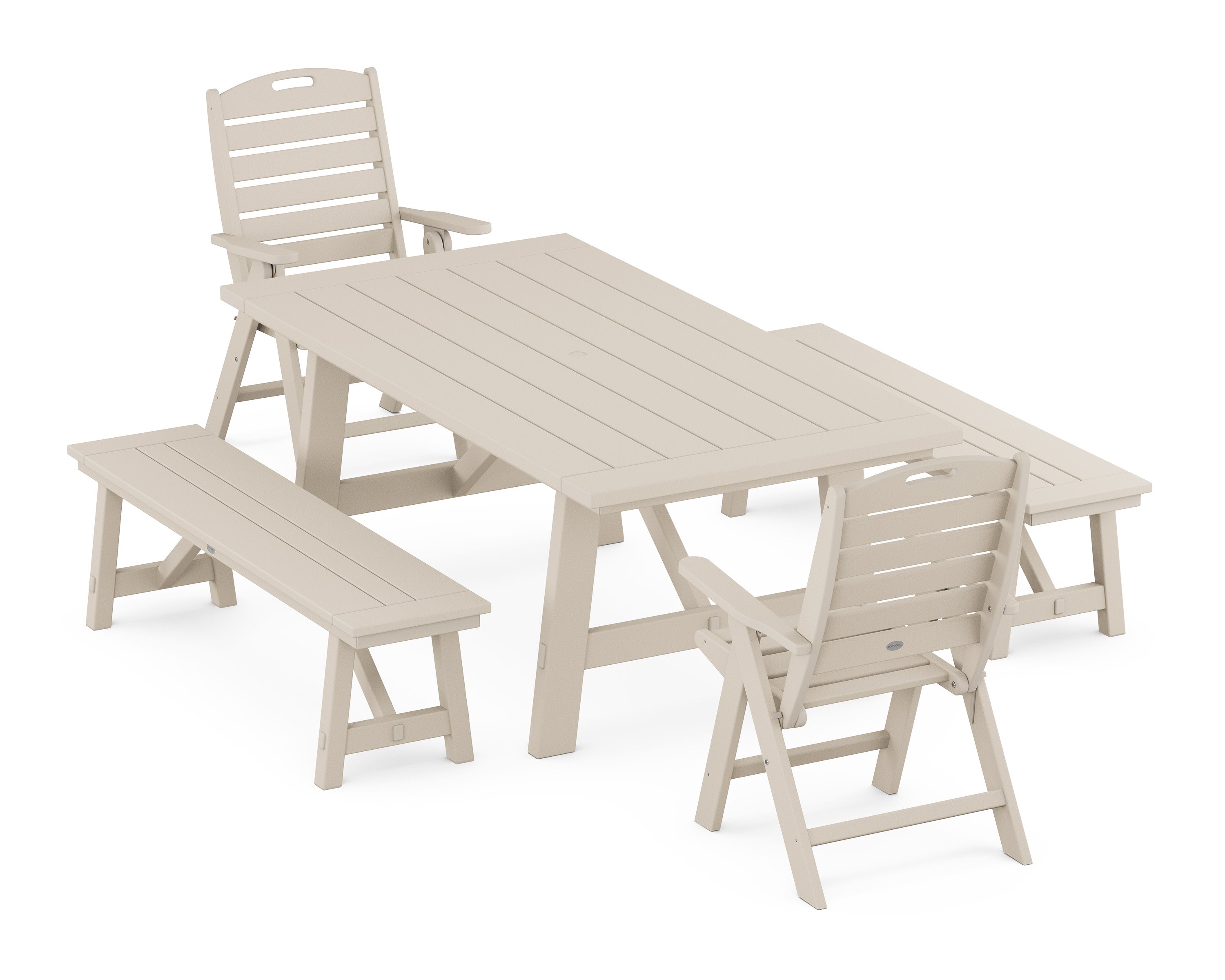 Nautical Folding Highback Chair 5-Piece Rustic Farmhouse Dining Set With Benches in Sand