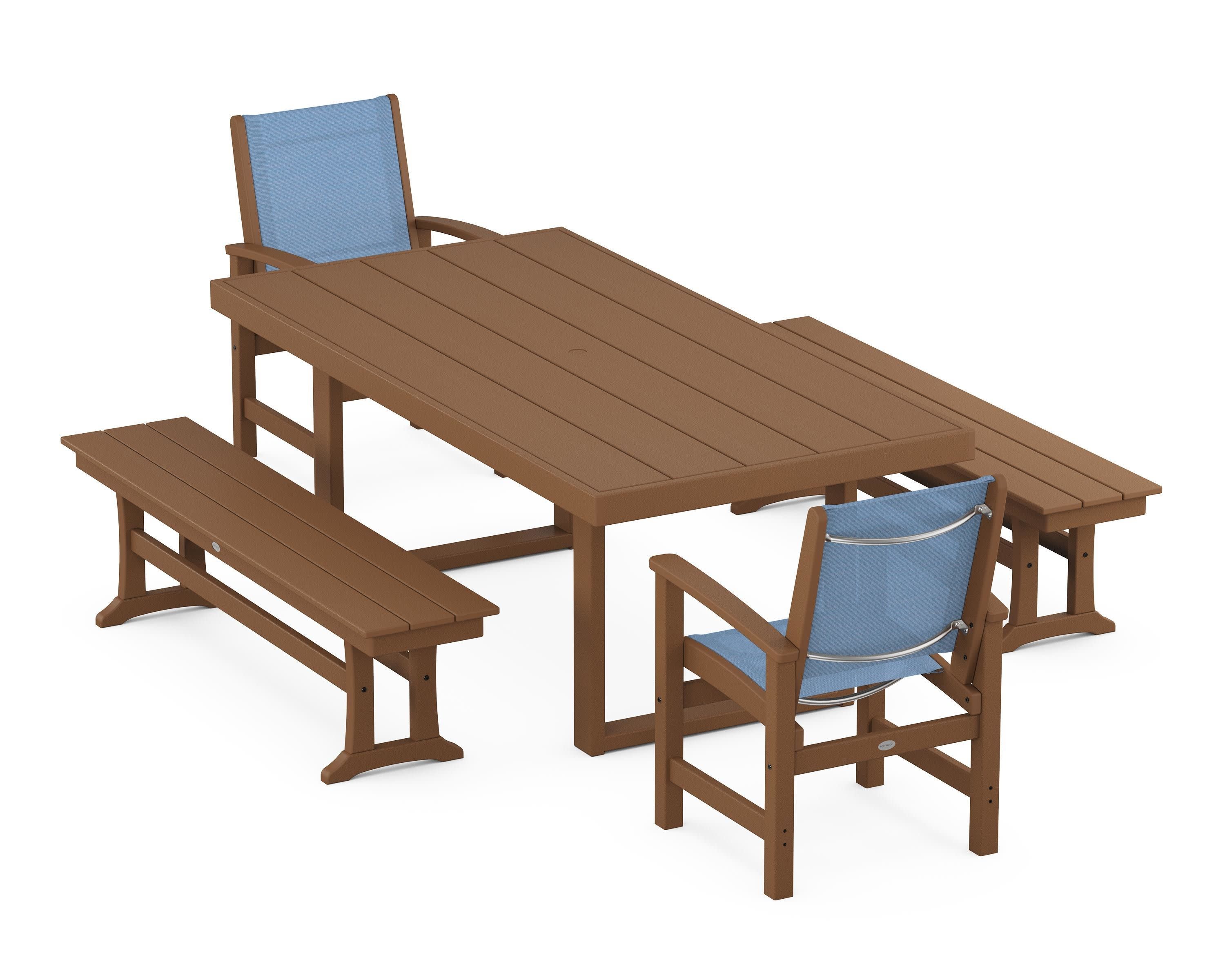 Coastal 5-Piece Dining Set with Trestle Legs in Teak / Poolside Sling