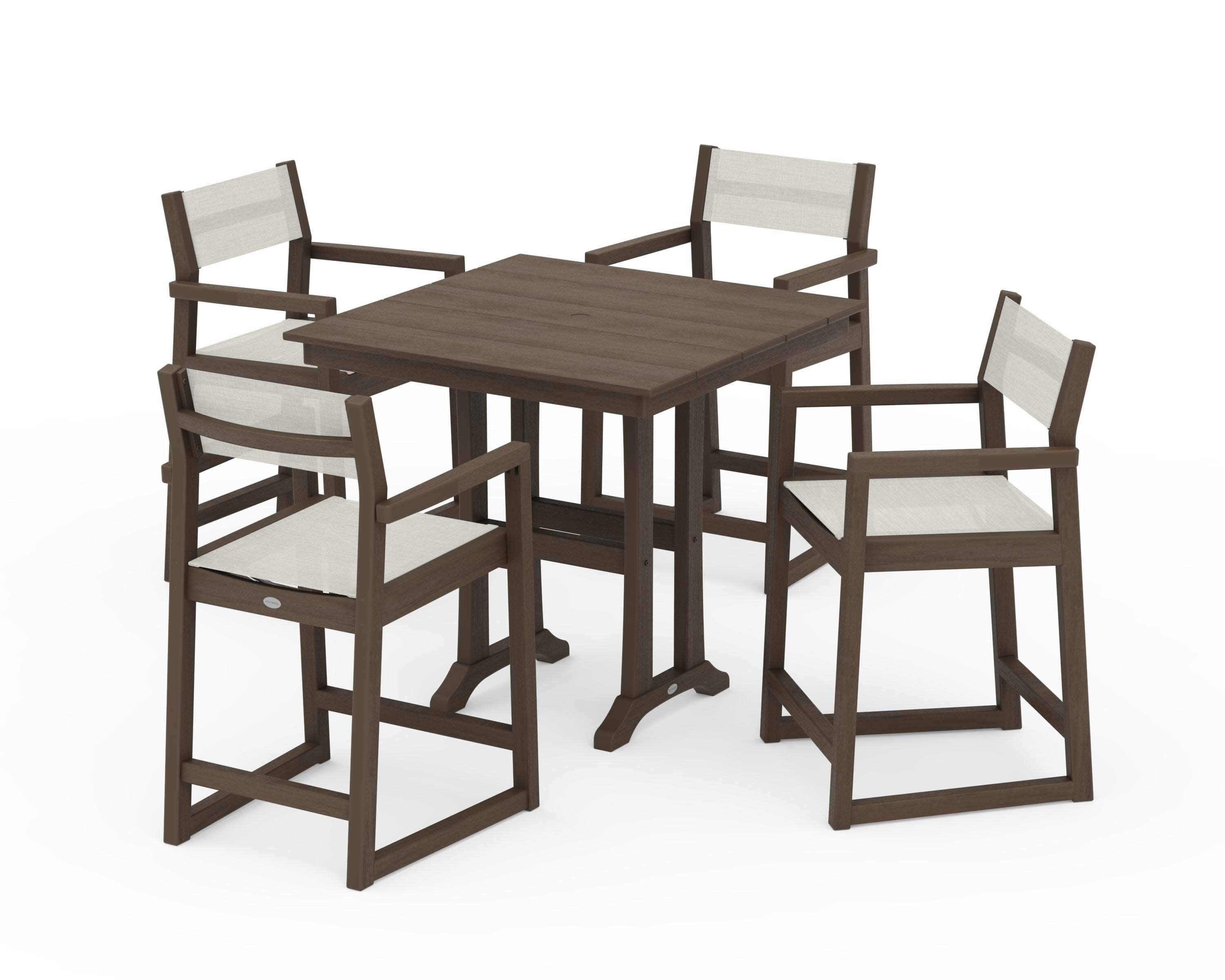 EDGE Sling Arm Chair 5-Piece Farmhouse Counter Set with Trestle Legs in Kona / Parchment Sling
