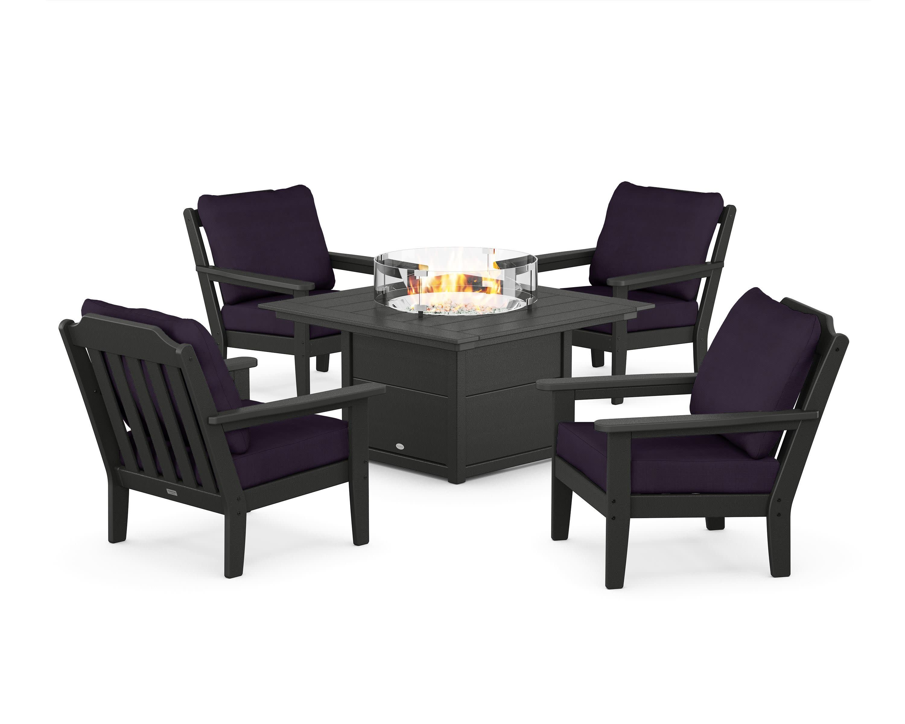 Cottage 5-Piece Deep Seating Set with Fire Pit Table in Black / Navy Linen