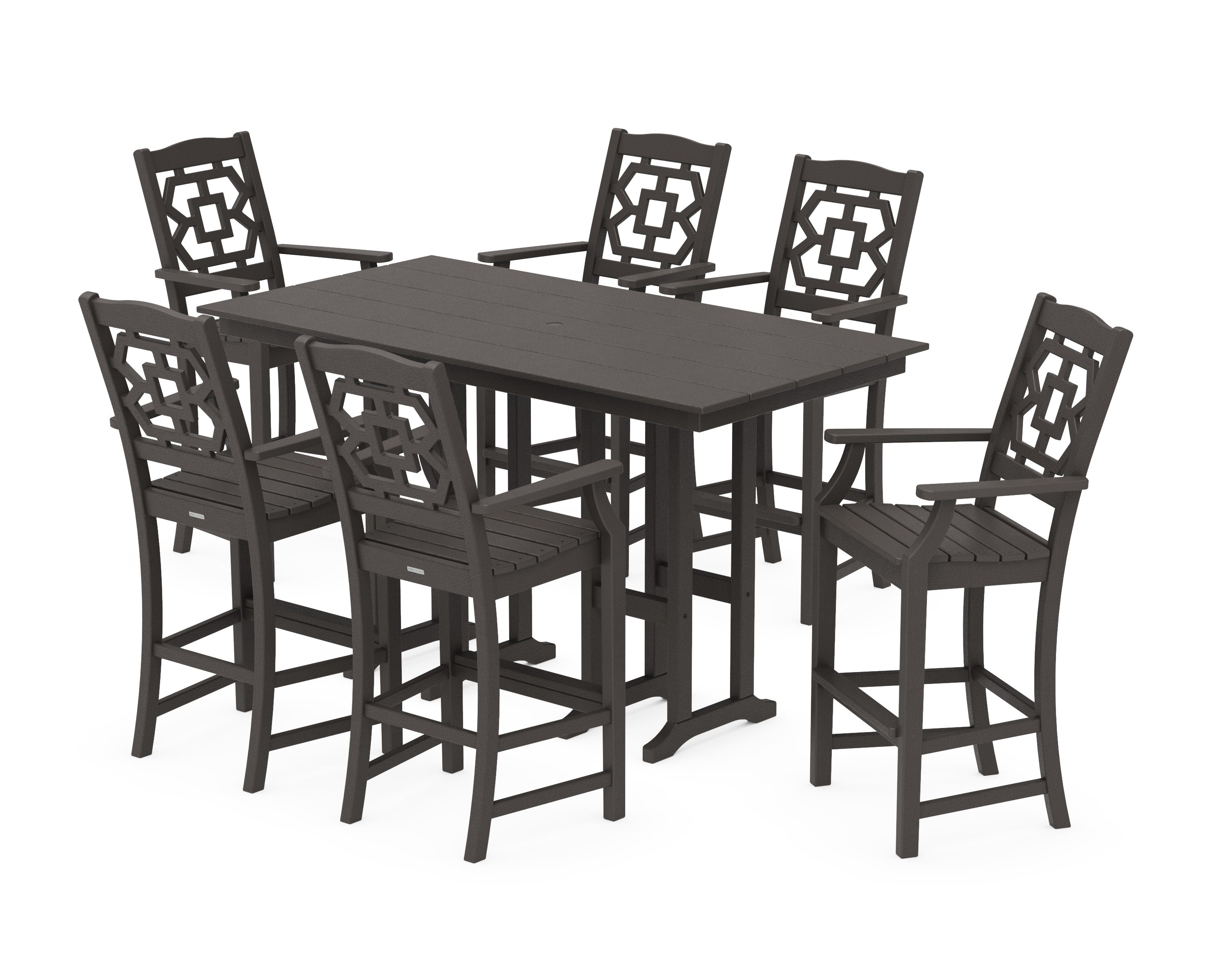 Chinoiserie Arm Chair 7-Piece Farmhouse Bar Set in Vintage Coffee