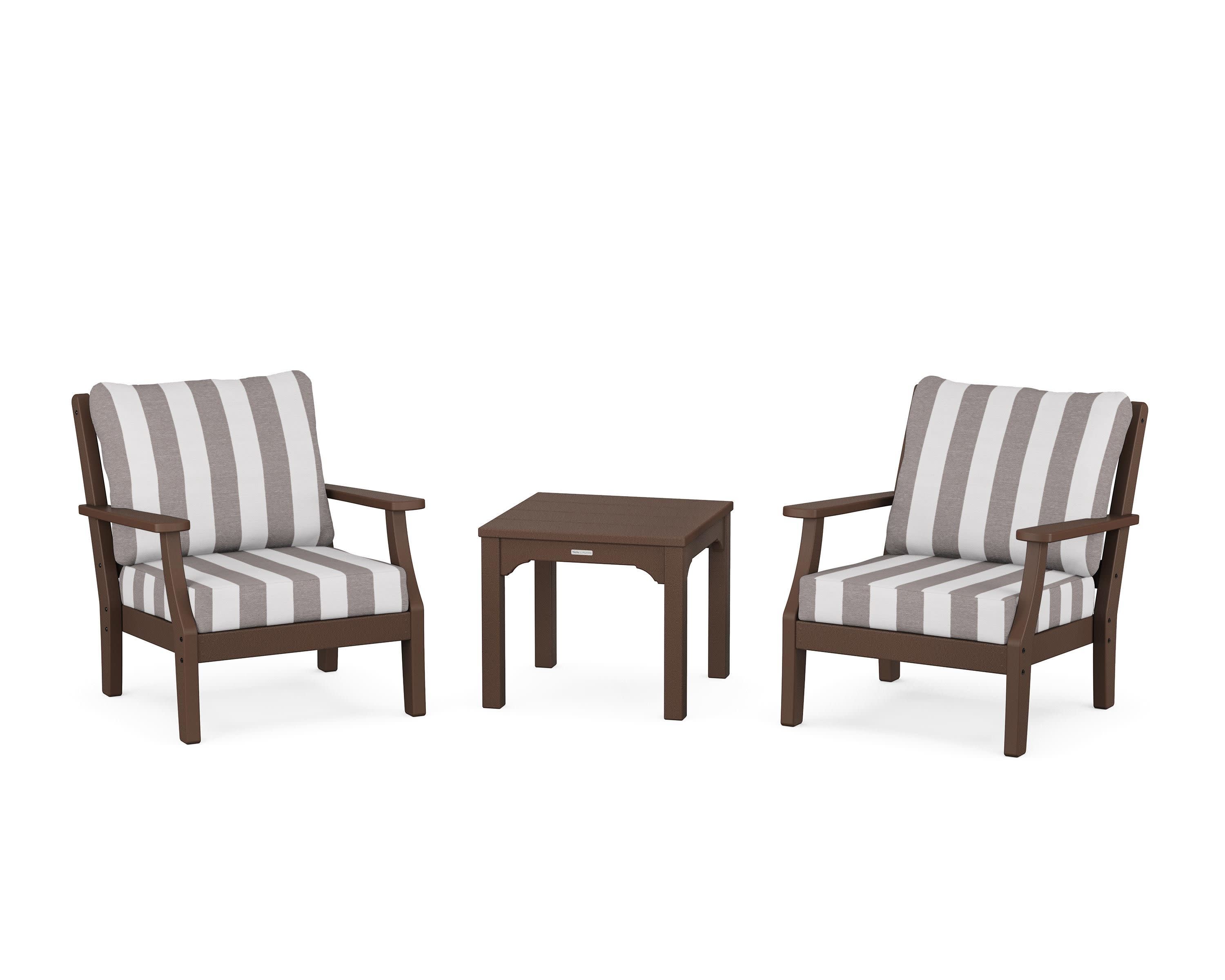 Chinoiserie 3-Piece Deep Seating Set in Mahogany / Cabana Stripe Grey Mist