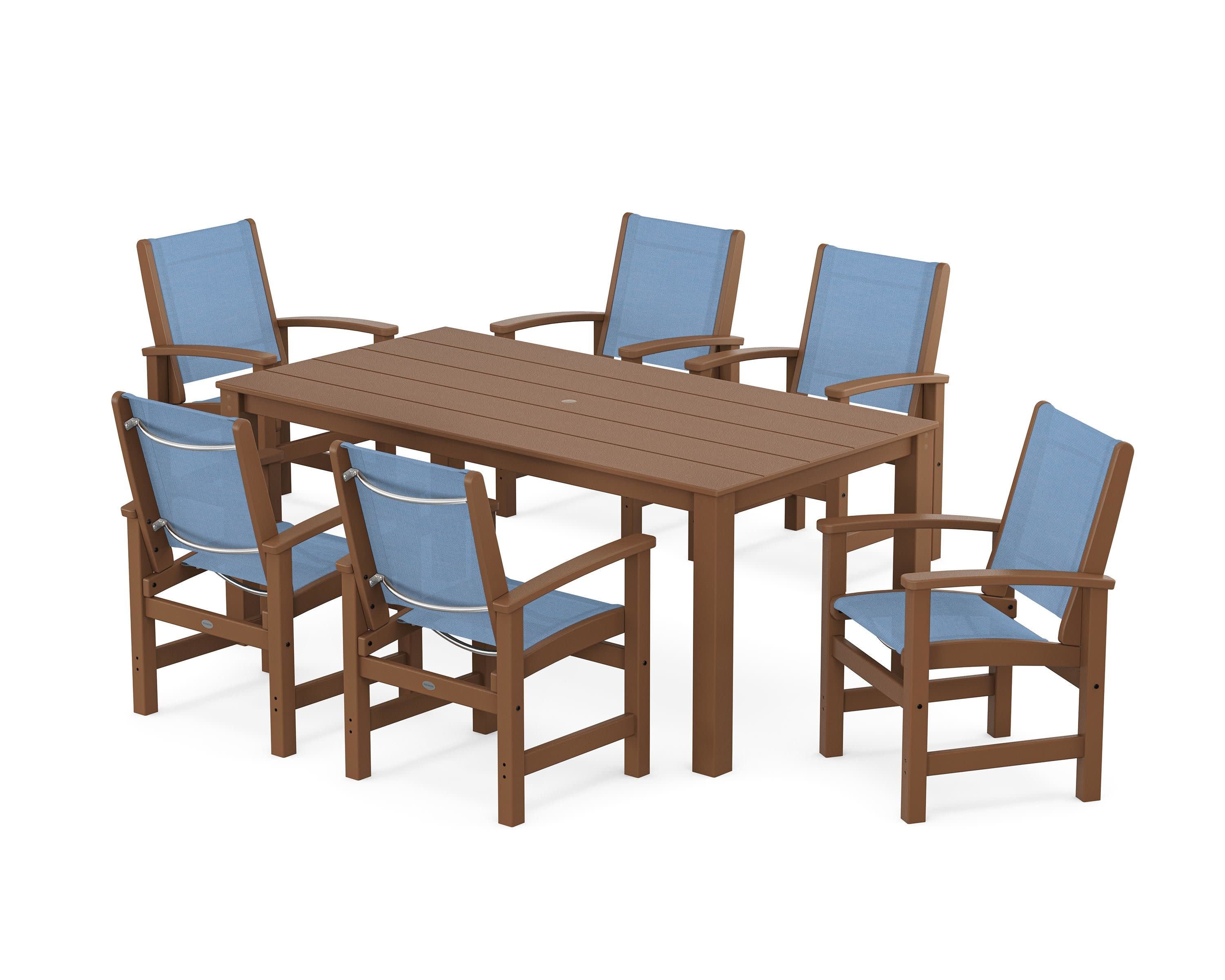 Coastal 7-Piece Parsons Dining Set in Teak / Poolside Sling