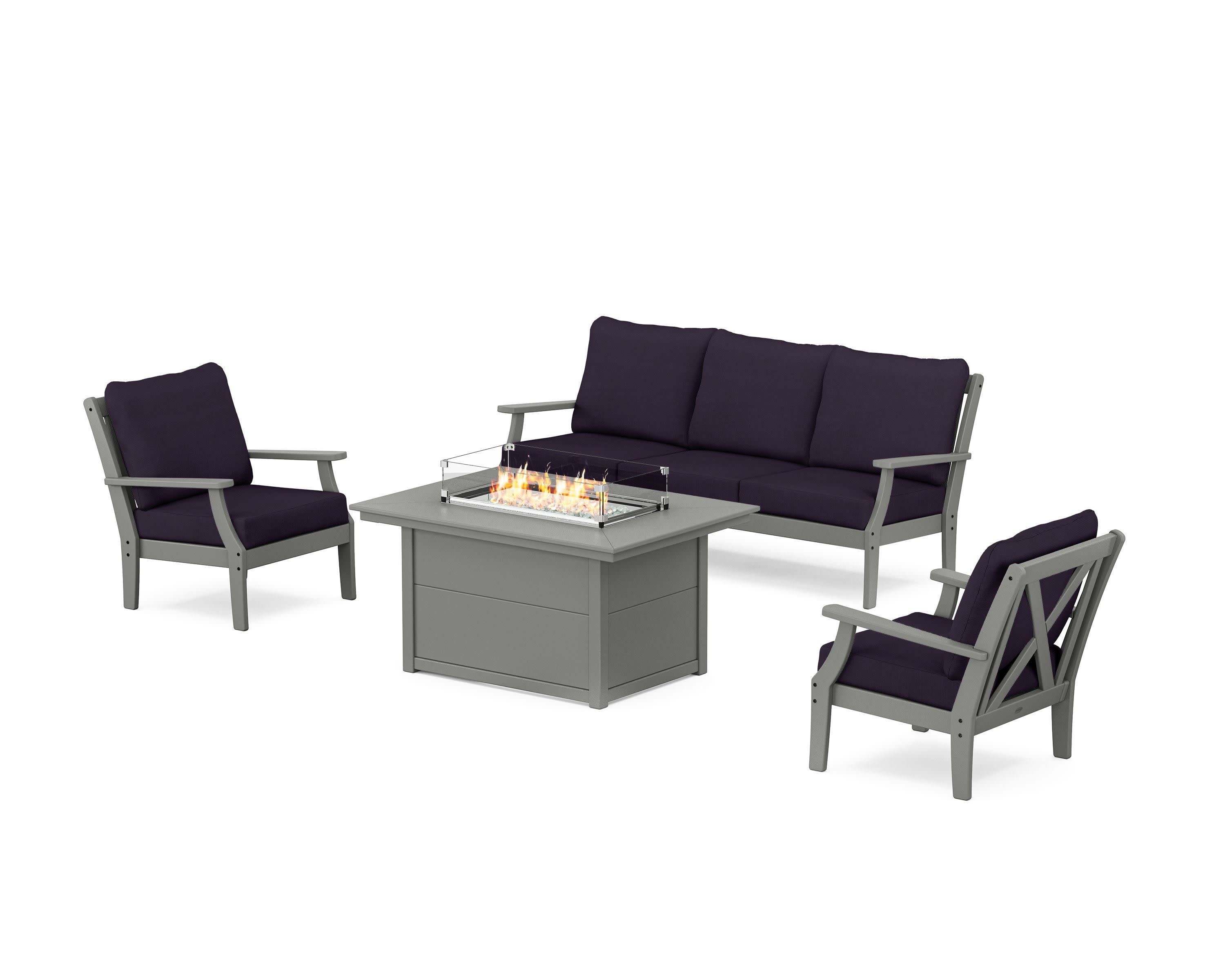 Braxton Deep Seating Fire Pit Table Set in Slate Grey / Navy Linen