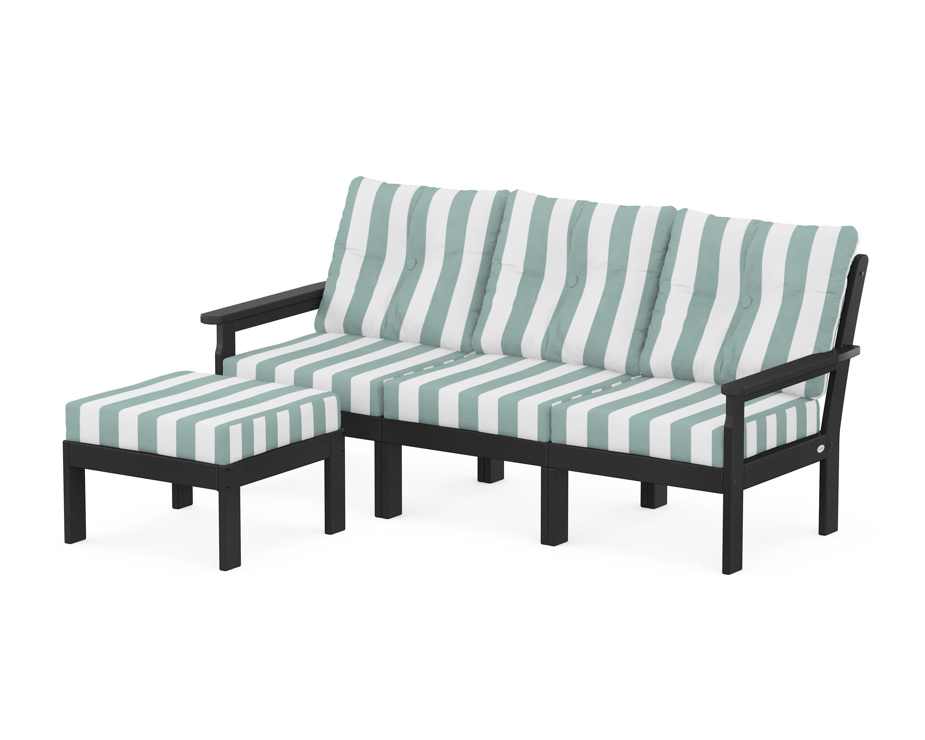 Vineyard 4-Piece Sectional with Ottoman in Black / Cabana Stripe Glacier Spa