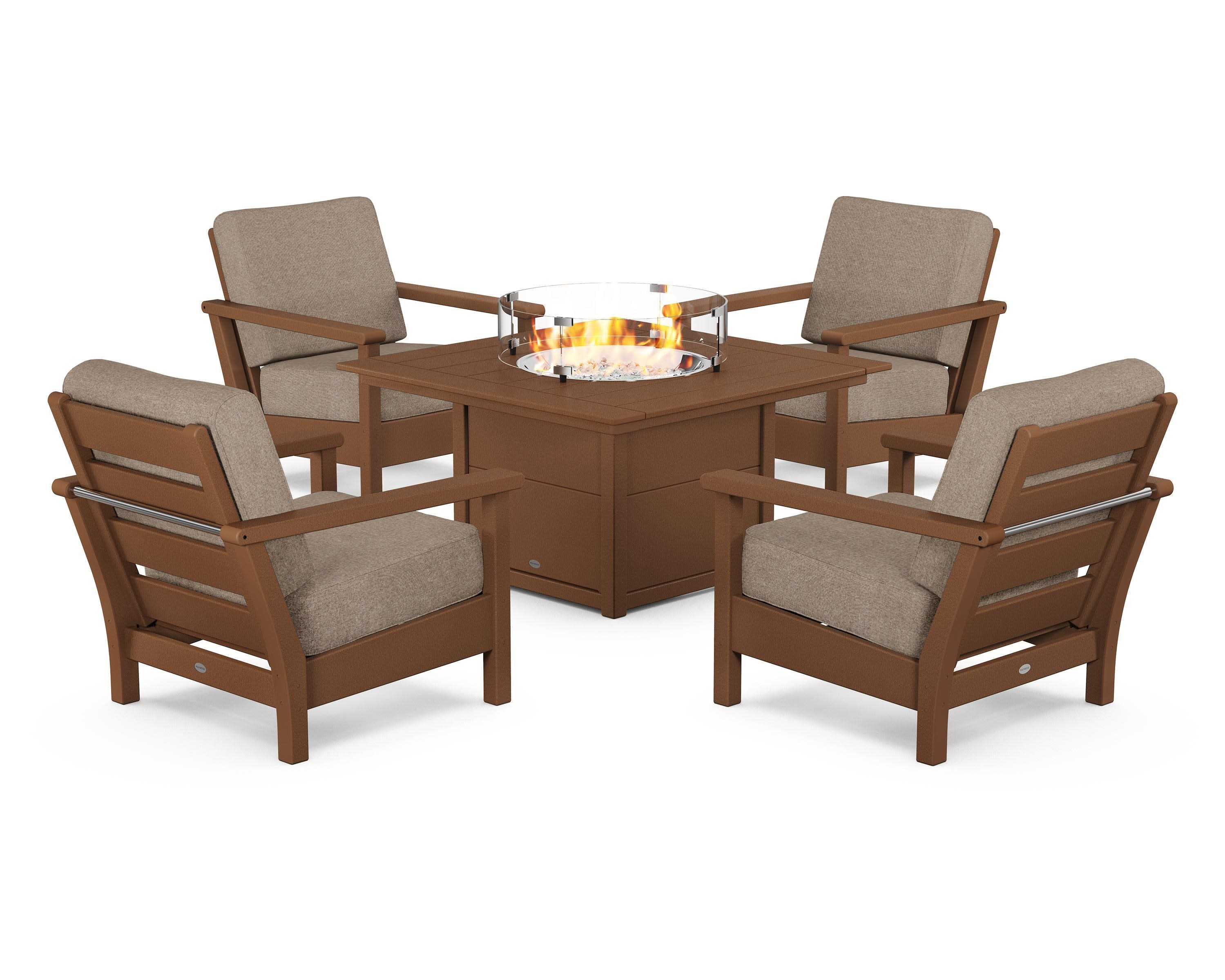 Harbour 5-Piece Conversation Set with Fire Pit Table in Teak / Spiced Burlap